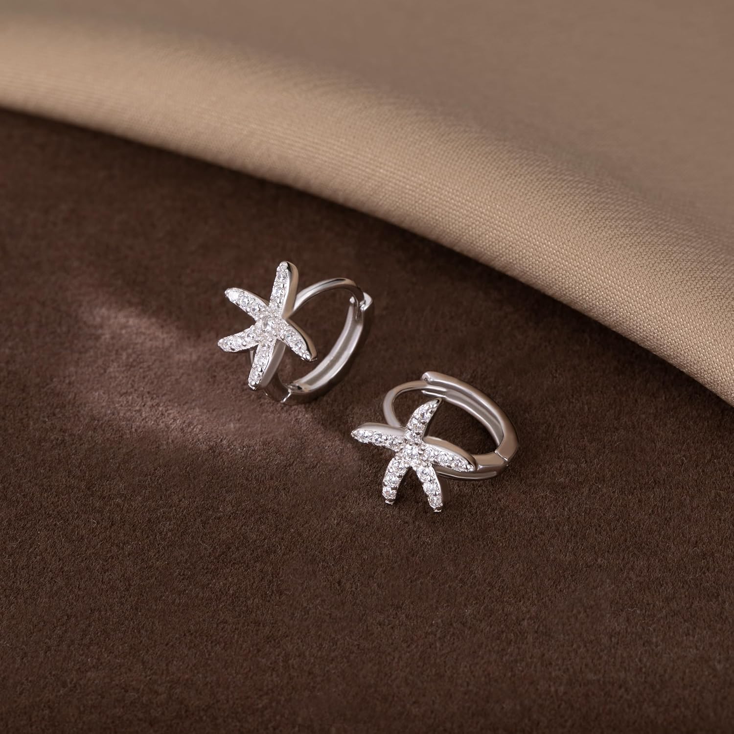 SLUYNZ 925 Sterling Silver CZ Starfish Hoop Earrings for Women Teens Starfish Small Hoop Earrings Huggie Small Beach Earrings