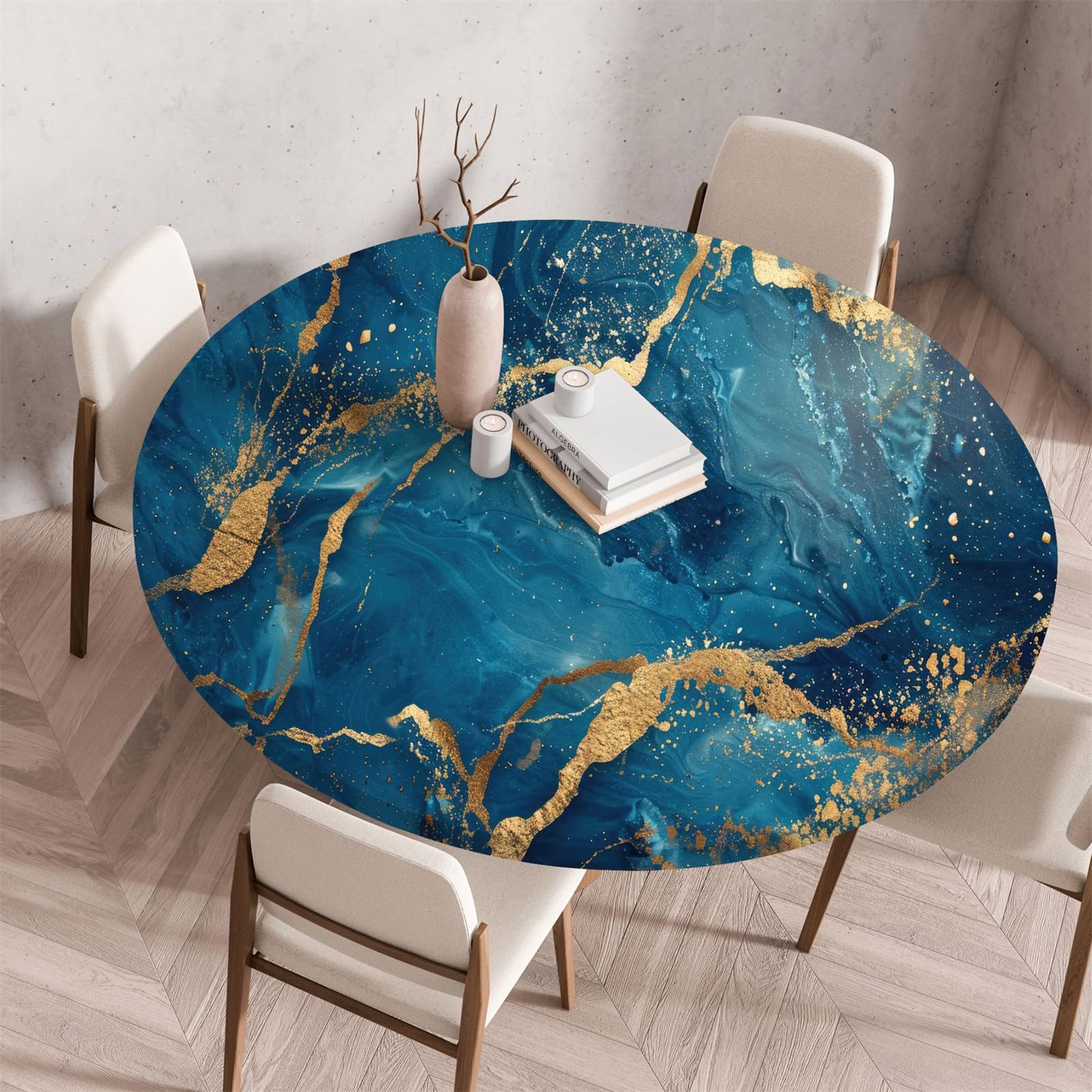 Muiuou Elastic Edged Round Tablecloth,Marble Printing Reusable Wipeable Waterproof Oil-Proof Round Table Cloth Tablecloth,for Dinning Room Kitchen Home Decoration (Diameter 120cm,Marble 7)