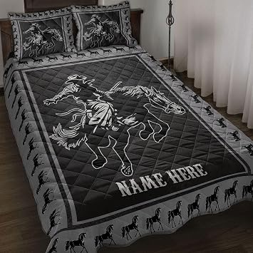 OhaPrints Personalized Rodeo Quilt Bed Set, Cowboy Western Rodeo Bucking Horse Quilt Blanket & Pillowcases, Custom Name King Queen Double Twin Throw Full Size Bedspread Bedding & Pillow Cover