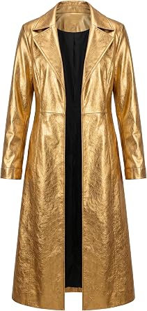 Womens Premium Metallic Gold Real Leather Trench Coat | Double Breasted Belted Designer Long Overcoat Jacket