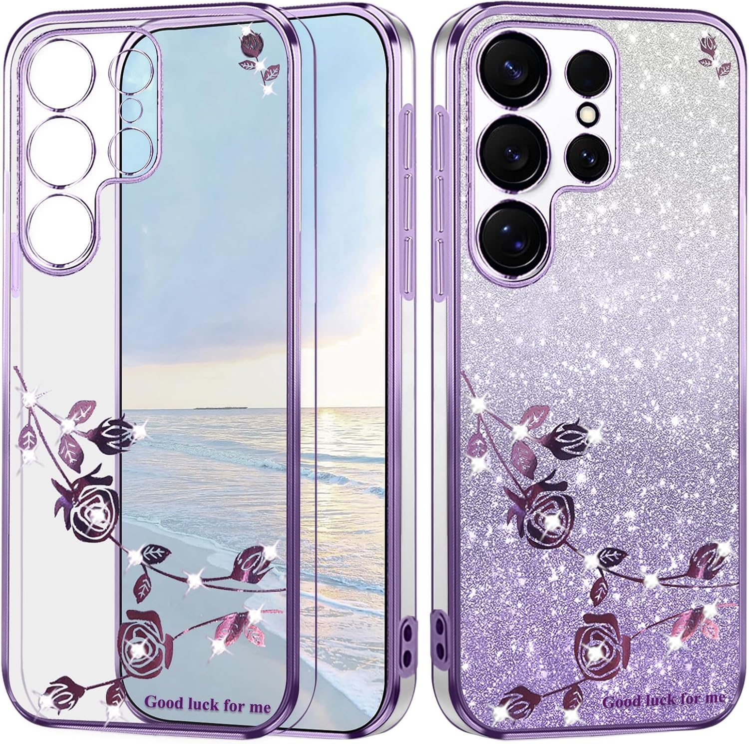 Glitter Phone Case with Flower for Samsung S23 Ultra 5g (Purple)