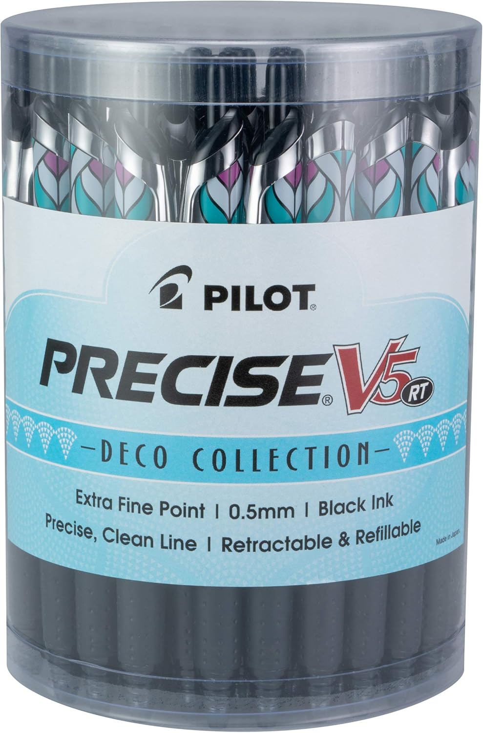PILOT Precise V5 RT Refillable & Retractable Liquid Ink Rolling Ball Pens, Extra Fine Point (0.5mm) Black Ink, Tub of 48 (8034)