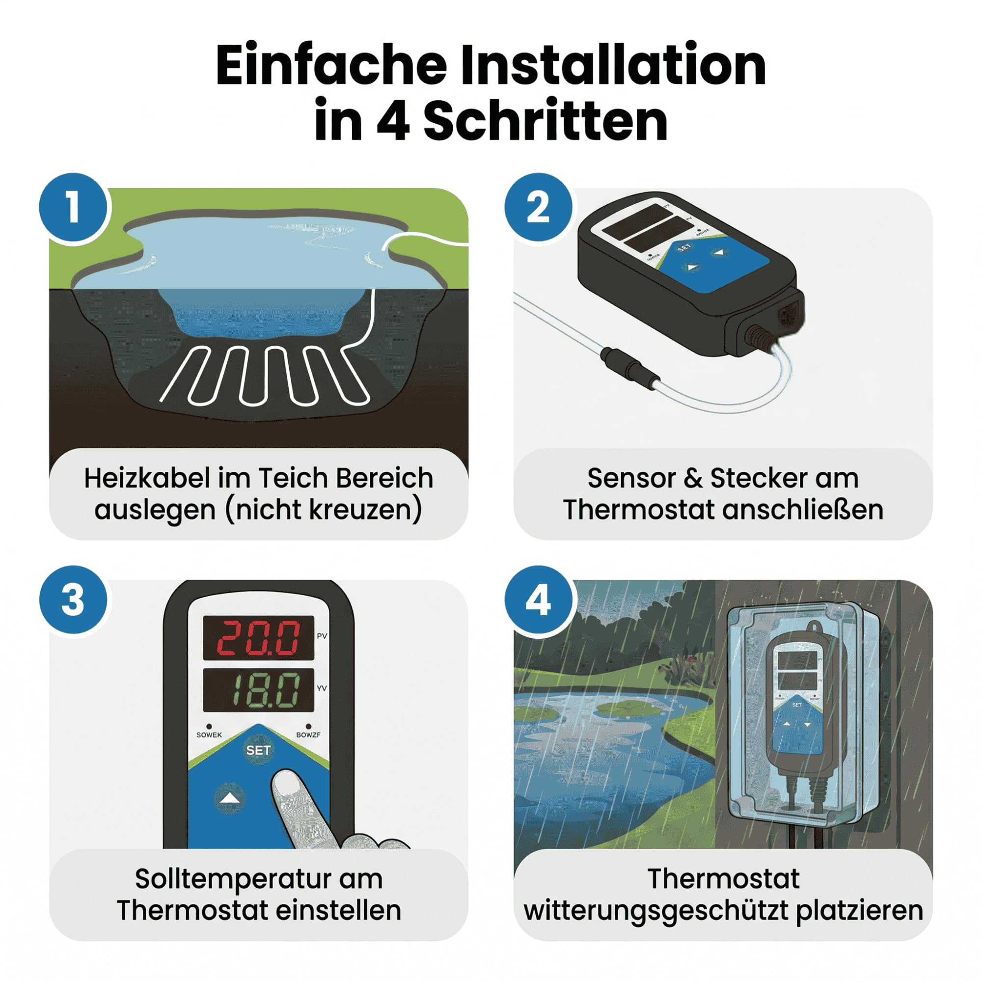 Pondlife Teichheizung Set mit Heizkabel & digitalem Thermostat, Teich eisfrei halten/Frostschutz, 6 m Silikon-Heizkabel IP68, selbstregulierend, für Teich, Filterleitungen & Wasserlauf