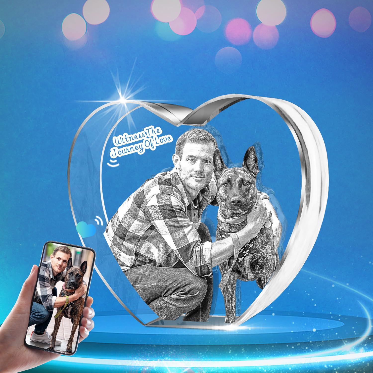 HAN'S LASER Pet Memorial Gifts, Personalized 3D Crystal Photo for Loss of a Dog Gift, Custom Picture Frame for Dogs Or Cats Owner Gifts (Small Heart)