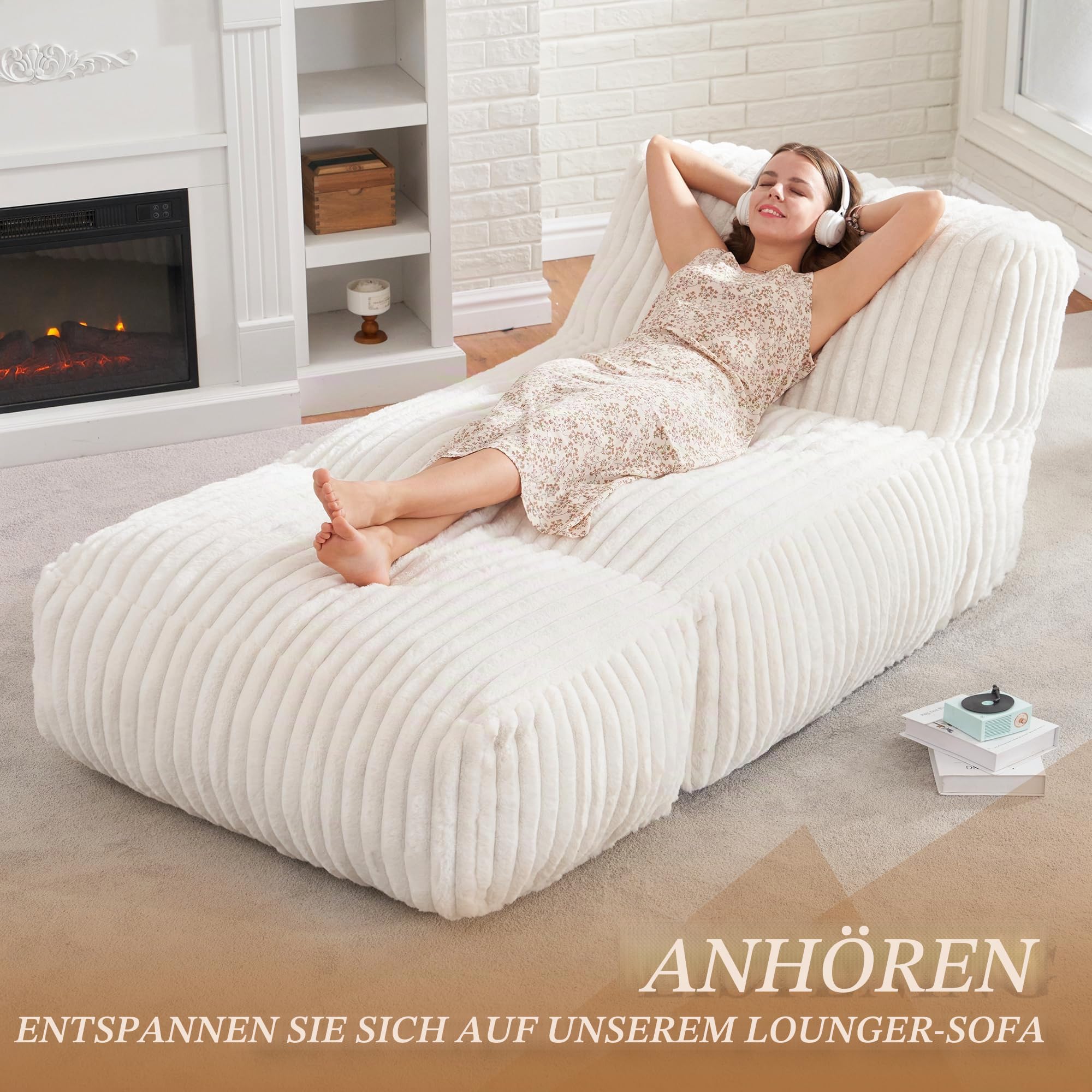 Hobestluk Großer Sitzsack Lounger Geräumiger Sitzsack für Erwachsene Sitzsack Sofa mit Memory Schaum Füllung für Wohnzimmer Schlafzimmer oder Balkon (Gestreift Weiß)