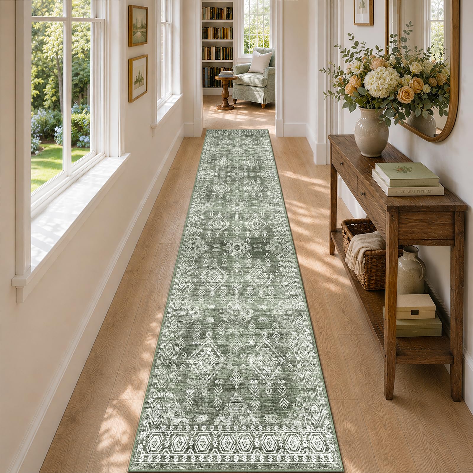 DEFYNEE Hallway Runner Rug 60x240 cm, Washable Rugs Living Room, Green โ image 1