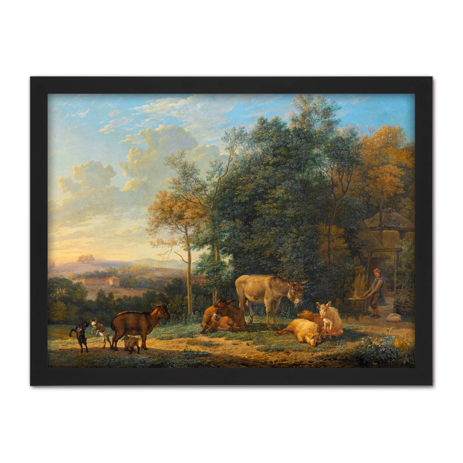 Artery8 Du Jardin Landscape Two Donkeys Goats Pigs Painting Artwork Framed Wall Art Print 18X24 Inch