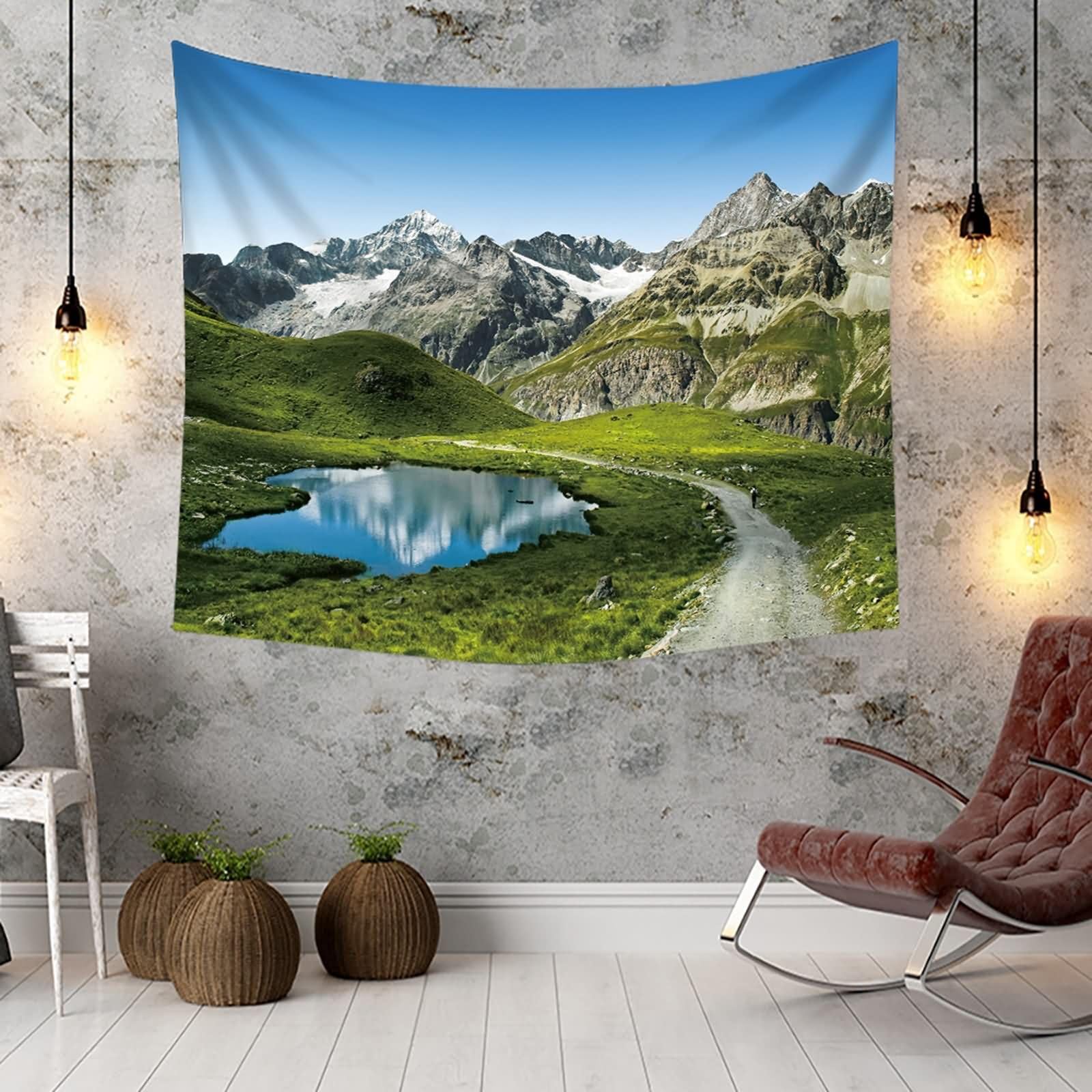 Homxi Wandteppiche Schlafzimmer Wanddeko 260 x 240 CM,Landschaft See und Berg Polyester Wandteppiche Wand Tuch Blau Grün