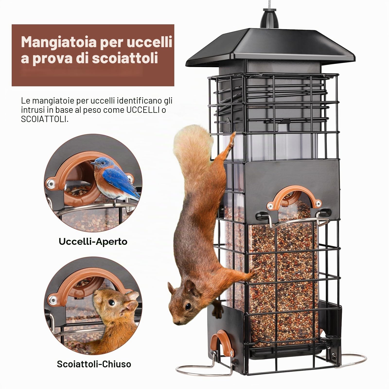 Mangiatoia per uccelli 4 porte, contro gli scoiattoli, facile da pulire, da appendere per semi, adatta anche per nutrire stuzzichini, 14 pollici resistente con rete metallica, Ø13 x 36 cm, 2.5 lbs