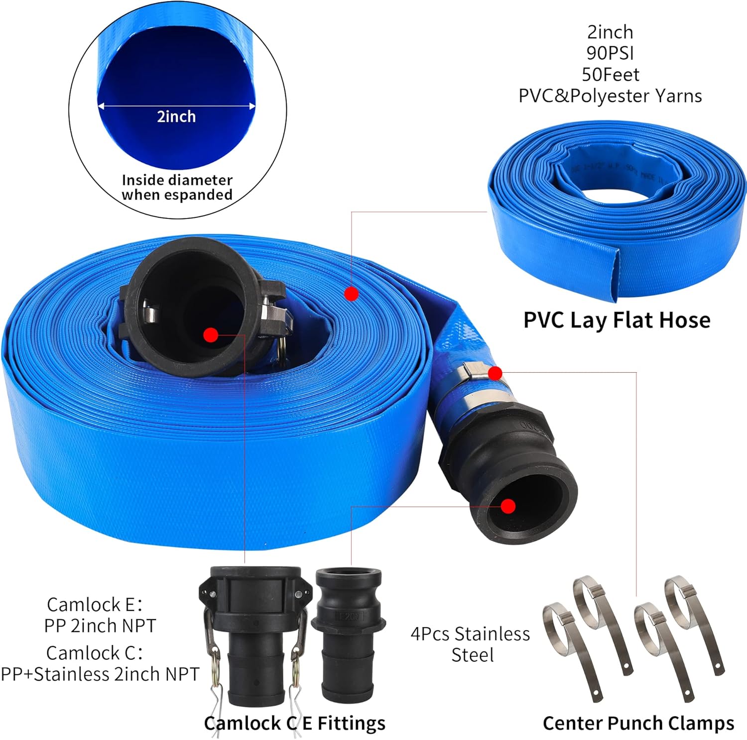 2" x 50FT Blue Discharge Hose with Camlock C and E Fittings, Reinforced PVC Lay Flat Backwash Hose Assembly, Weather and Burst Resistant, Ideal for Sump Pump Hose Pool Drain or Backwash