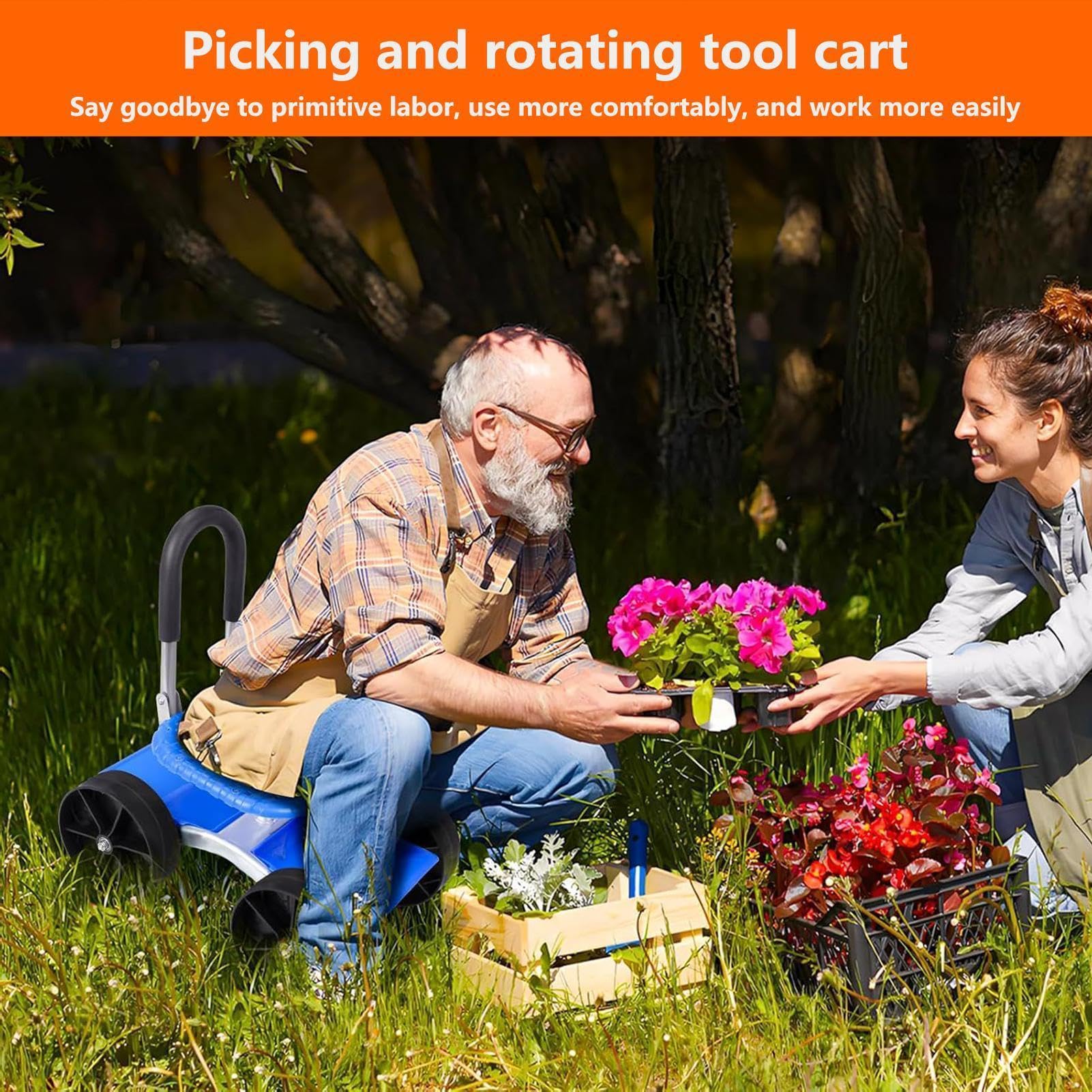 de jardín con asiento Silla giratoria 360 grados con ruedas | Taburete rodante para jardinería para exteriores jardín patio césped granja plantar desherbar personas mayores hombres