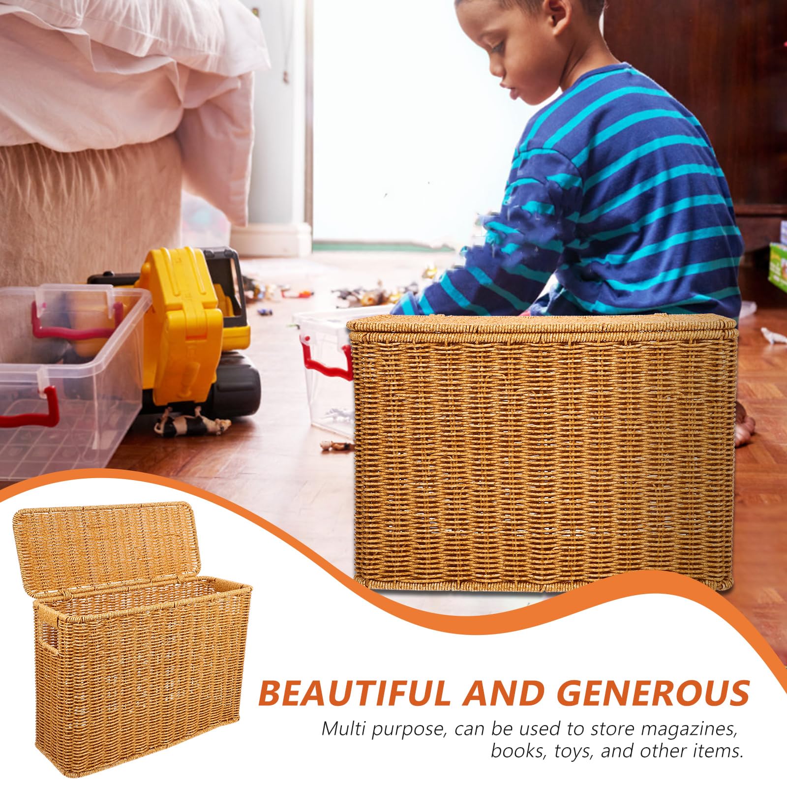 Panier Tressé De Rangement Avec Couvercle Et Poignée 15 Pouces Organisateur Multifonction Pour La Maison Conteneur Pour Jouets Magazines Et Cuisine Léger Et Portable