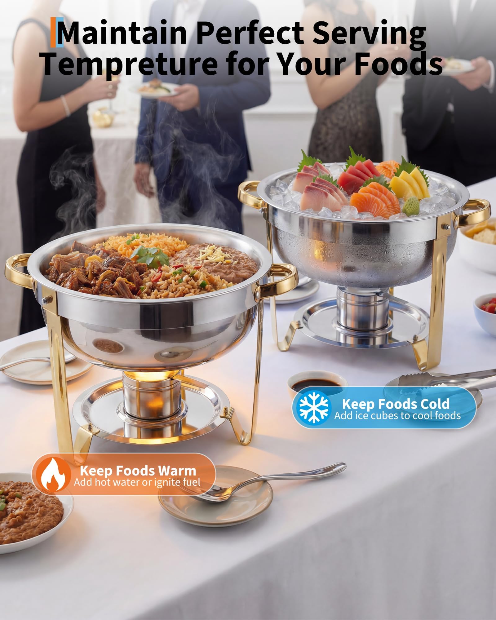Scaldavivande rotondi in acciaio inox da 5 l, con coperchio e porta carburante, per buffet, feste, matrimoni, catering, banchetti, ideali per riscaldamento e raffreddamento, confezione da 2