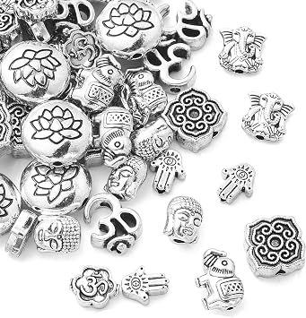Ornazy 80 pcs 8 Styles Tibetan Spacer Beads Antique Silver Elephant Buddha Lotus Hamsa Hand Loose Beads Crafts for Bracelet Necklace Jewelry Making