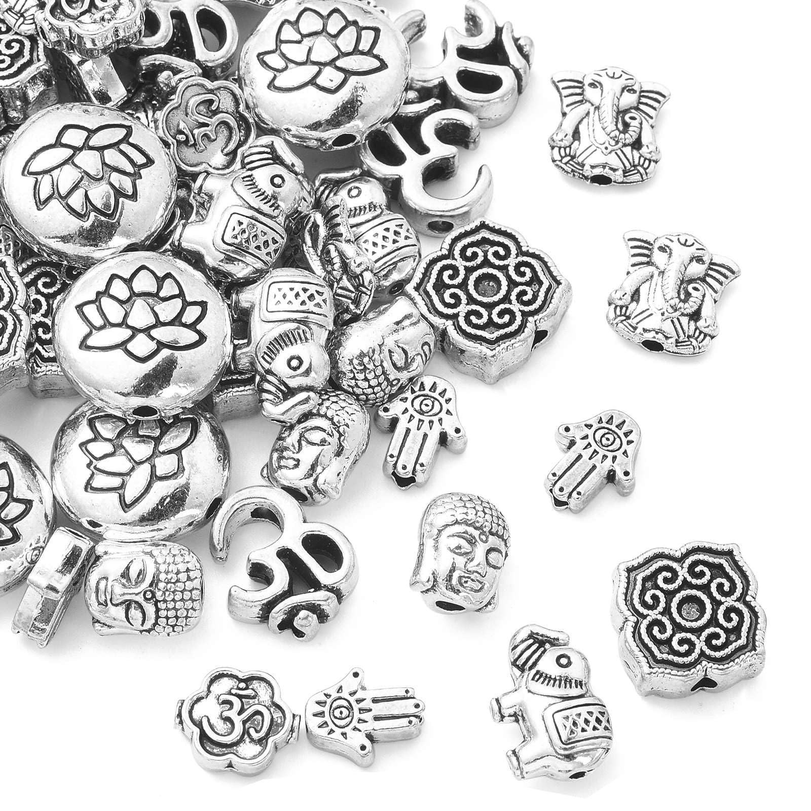 Stiesy80 Pcs India Style Tibetan Alloy Beads Hamsa Hand Eye Elephant Buddha Ohm Flower Loose Beads for Women Jewelry Making DIY Accessories