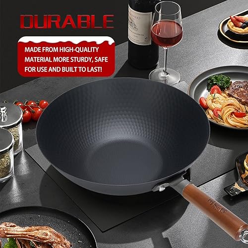 Miniatura 5 de WANGYUANJI Wok de hierro, woks ligeros de 12.59 pulgadas y sartenes para freír, mango de madera, wok de acero al carbono, sin revestimiento químico,
