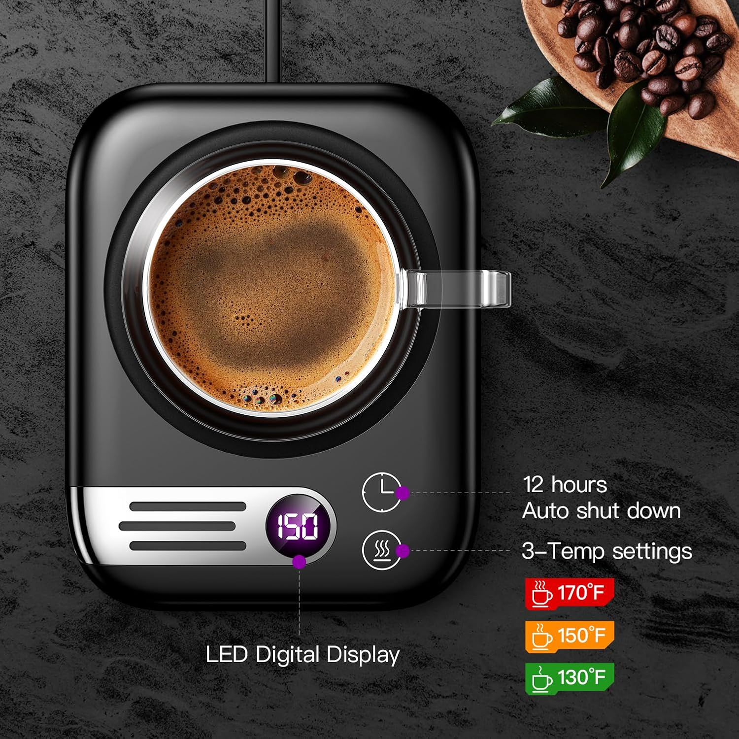 Coffee Mug Warmers for Desk with 3 Temperature Settings, Aluminum Alloy Rapidly Heats Up Auto Shut Off Mug Warmers Plate for Heating Milk, Tea, Hot Chocolate, Candle