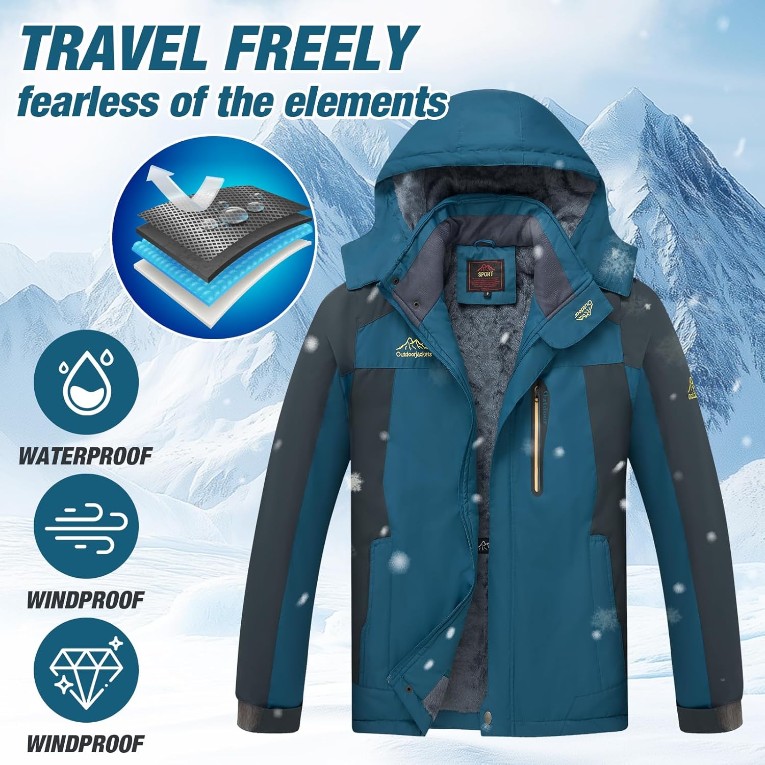 Men's Winter Ski Jacket Warm Waterproof Fleece Liner Snow Coat Hooded Windproof Mountain Raincoat - Image 4