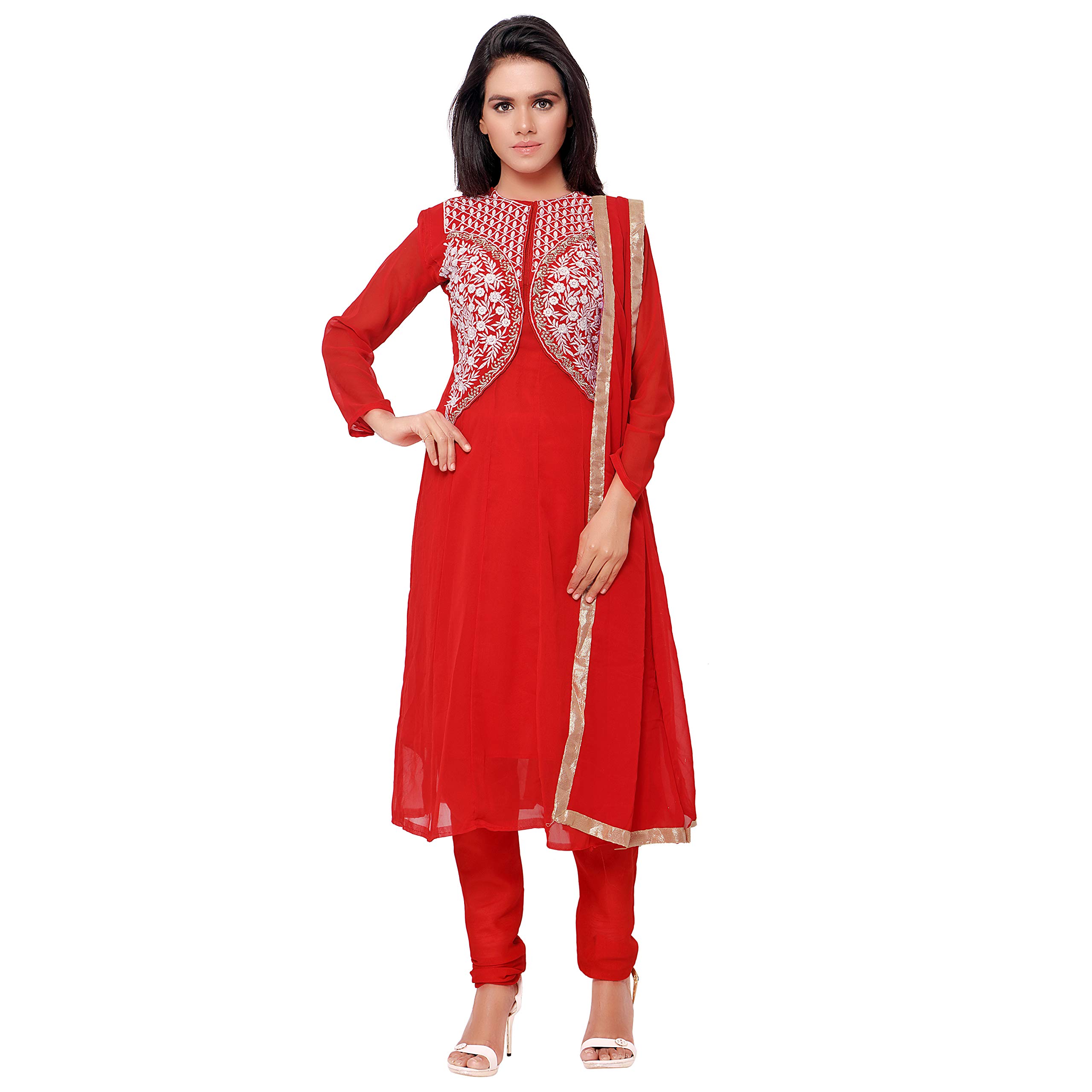 VKARAN Florence Women's Red Georgette Embroidered Straight Salwar Suit(SL032_Red)