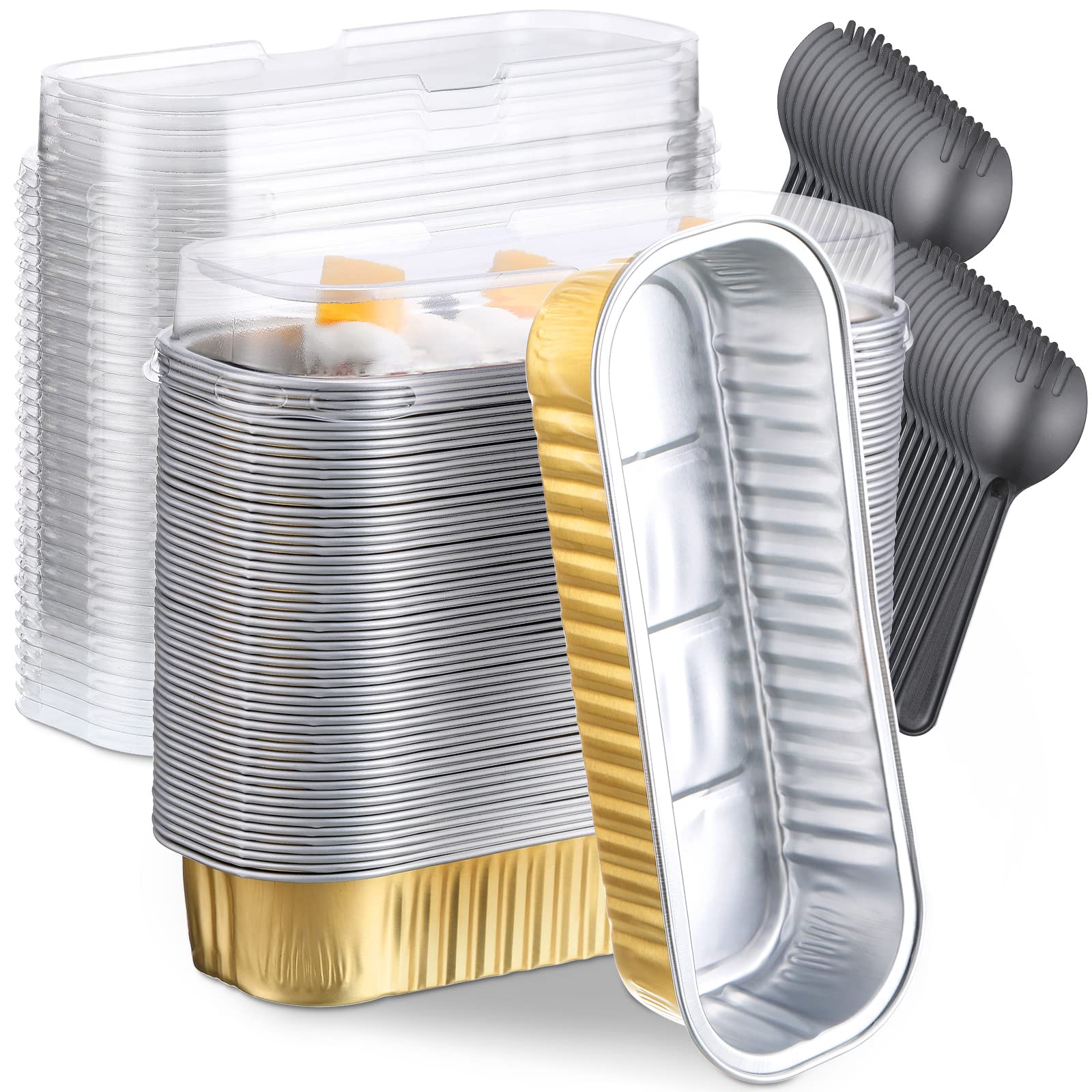 100 Pcs Mini Loaf Pans with Lids 6.8 oz 6.5 x 2.6 x 2 Inch Rectangle Aluminum Foil Baking Pans Ramekins Mini Cake Tins Containers with 100 Disposable Dessert Scoops for Daily Bakery Party (Gold)