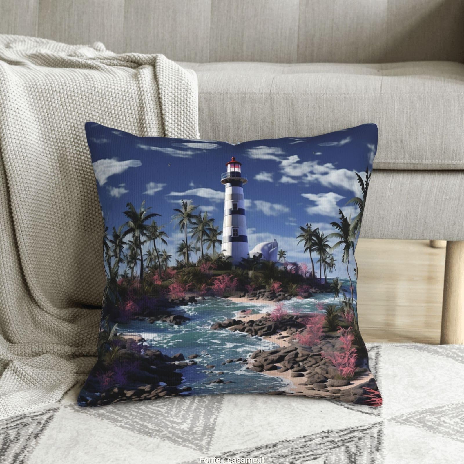 Housse de coussin phare et palmiers, grand carré 50,8 cm pour lit et canapé douillet