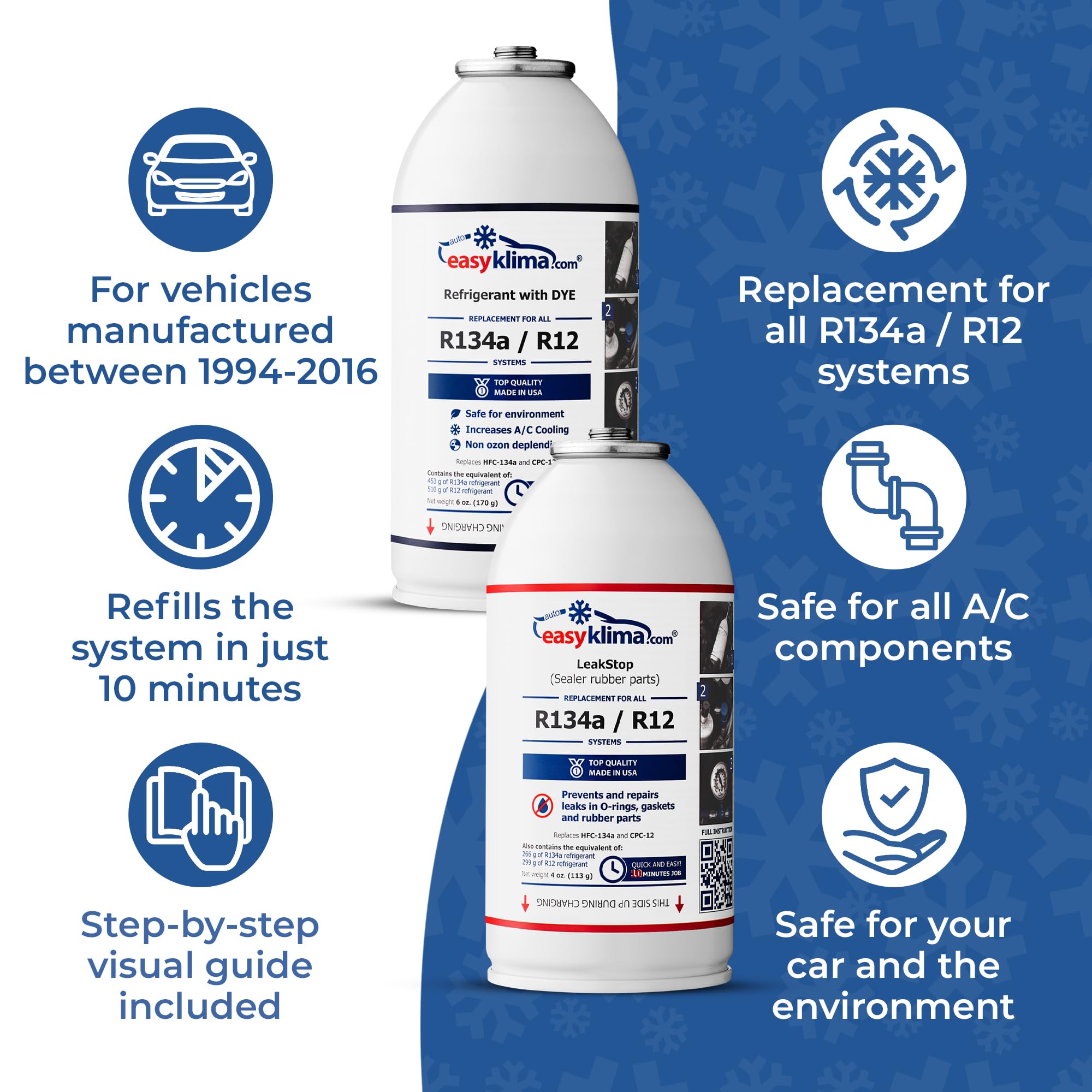 EasyKlima AC Aufladekit Starter Pack mit LeakStop - Air Con Gas, Schlauch mit Manometer - Einfaches, Schnelles Klimaanlagen-Reparatur- und Regas-Kit für Fahrzeuge der Baujahre 1995 bis 2016