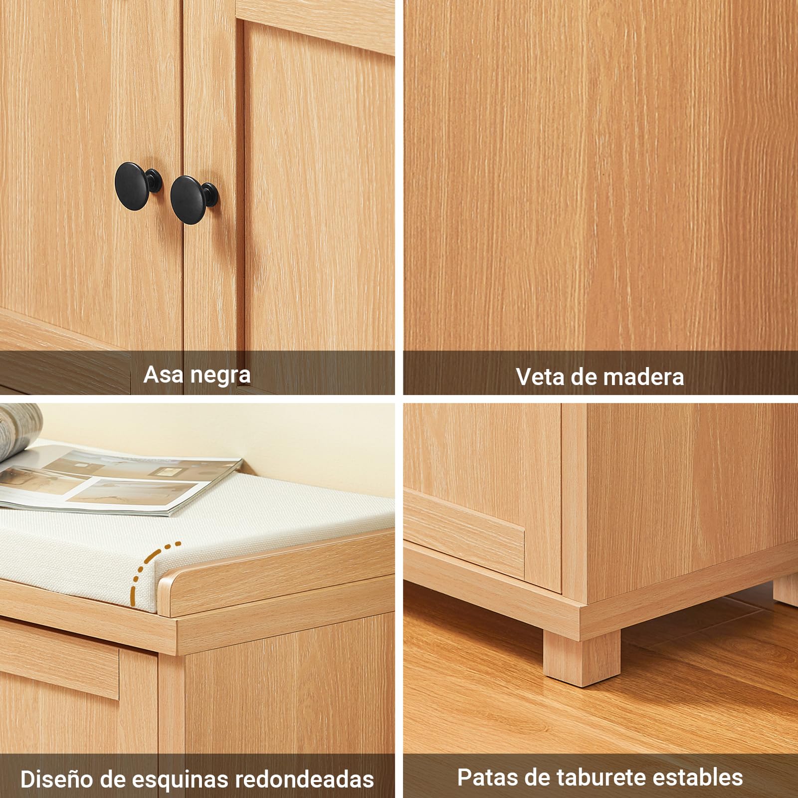 SoBuy Banco Zapatero con 4 Compartimentos 104x35x47cm para recibidor | Banco almacenaje con 3 puertas ocultas y cojín, MDF E1, carga 225kg, natural FSR188-N