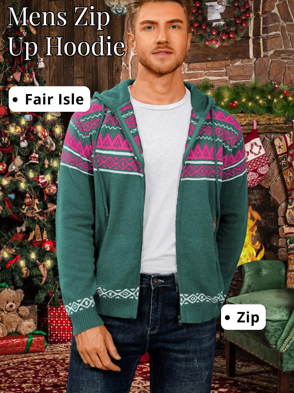 Fair Isle Cardigan Sweaters,Zip Up Sweater Hoodie Men,Casual Work House Going Out Knit Sweatshirt - Image 3