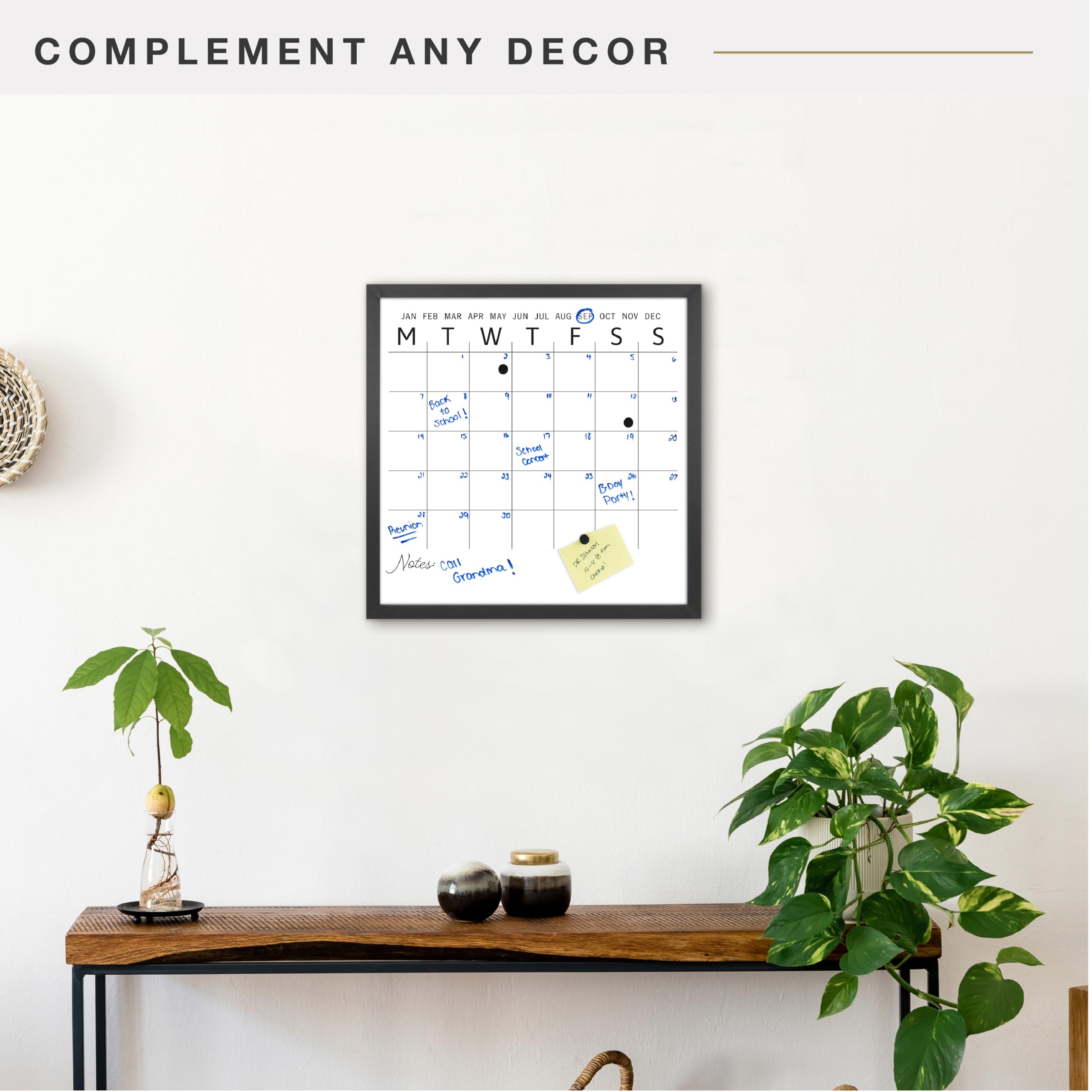 MCS Home Command Center Calendrier mensuel effaçable à sec Noir 61 x 61 cm
