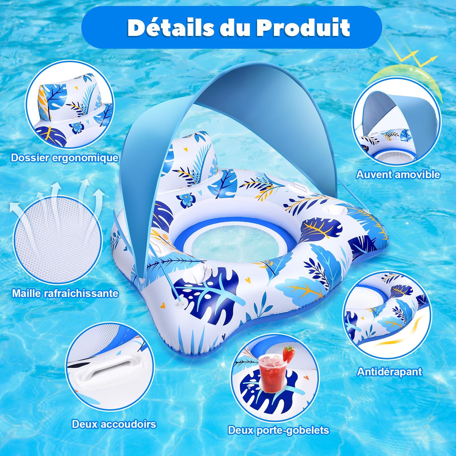 JONRRYIN Bouée Piscine Adulte, Bouée Gonflable Piscine Adulte avec Auvent de Protection, Flotteur Piscine Gonflable avec Porte-Gobelet et Poignées, Géante Piscine Gonflable