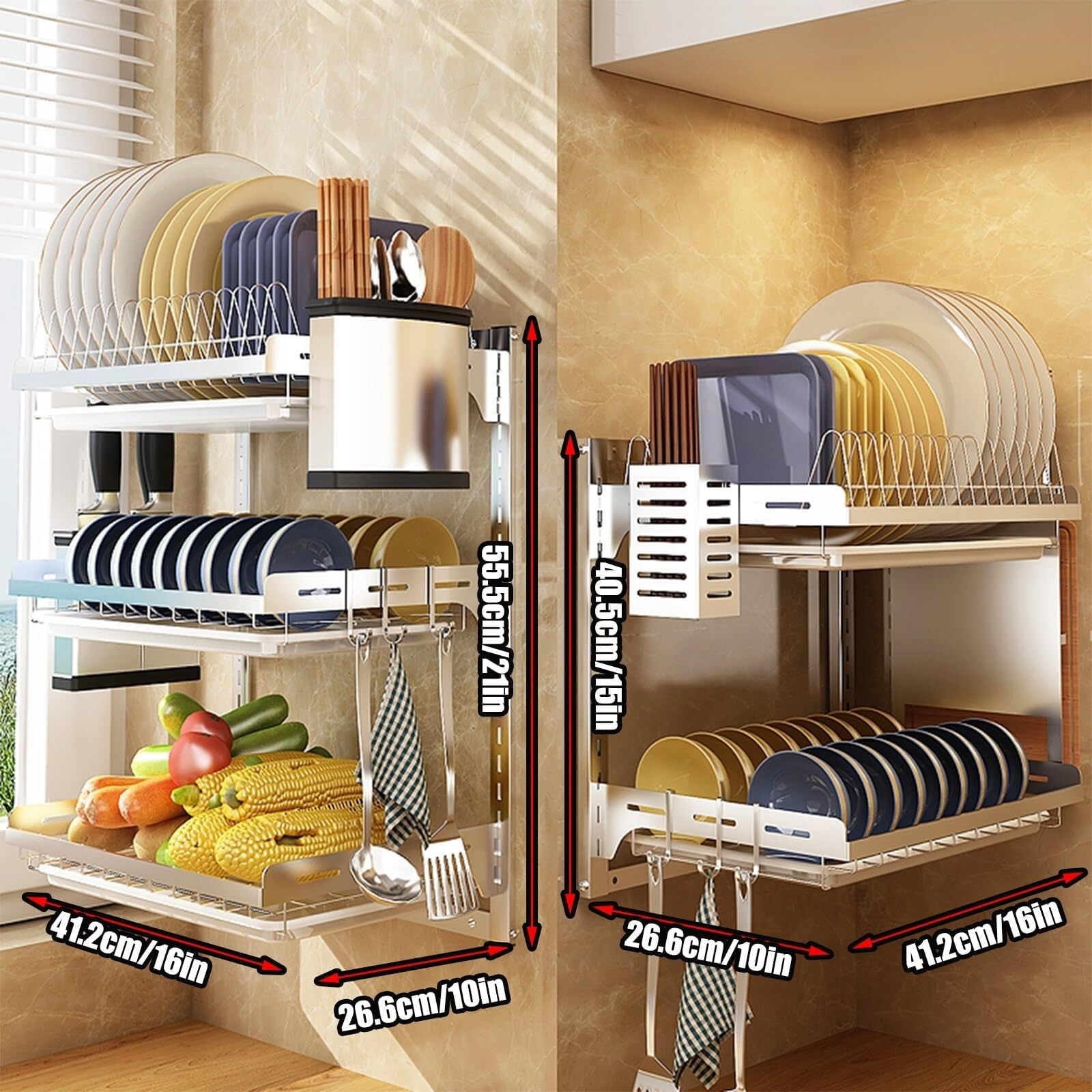Escurreplatos de pared de 2/3 niveles, extra grande escurridor de platos | Escurreplatos grandes multifuncionales for encimera de cocina