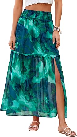 BerryGo Women Boho Floral Maxi Skirts Summer Smocked High Waisted Chiffon Flowy A Line 2026 Trendy Long Beach Skirt with Slit