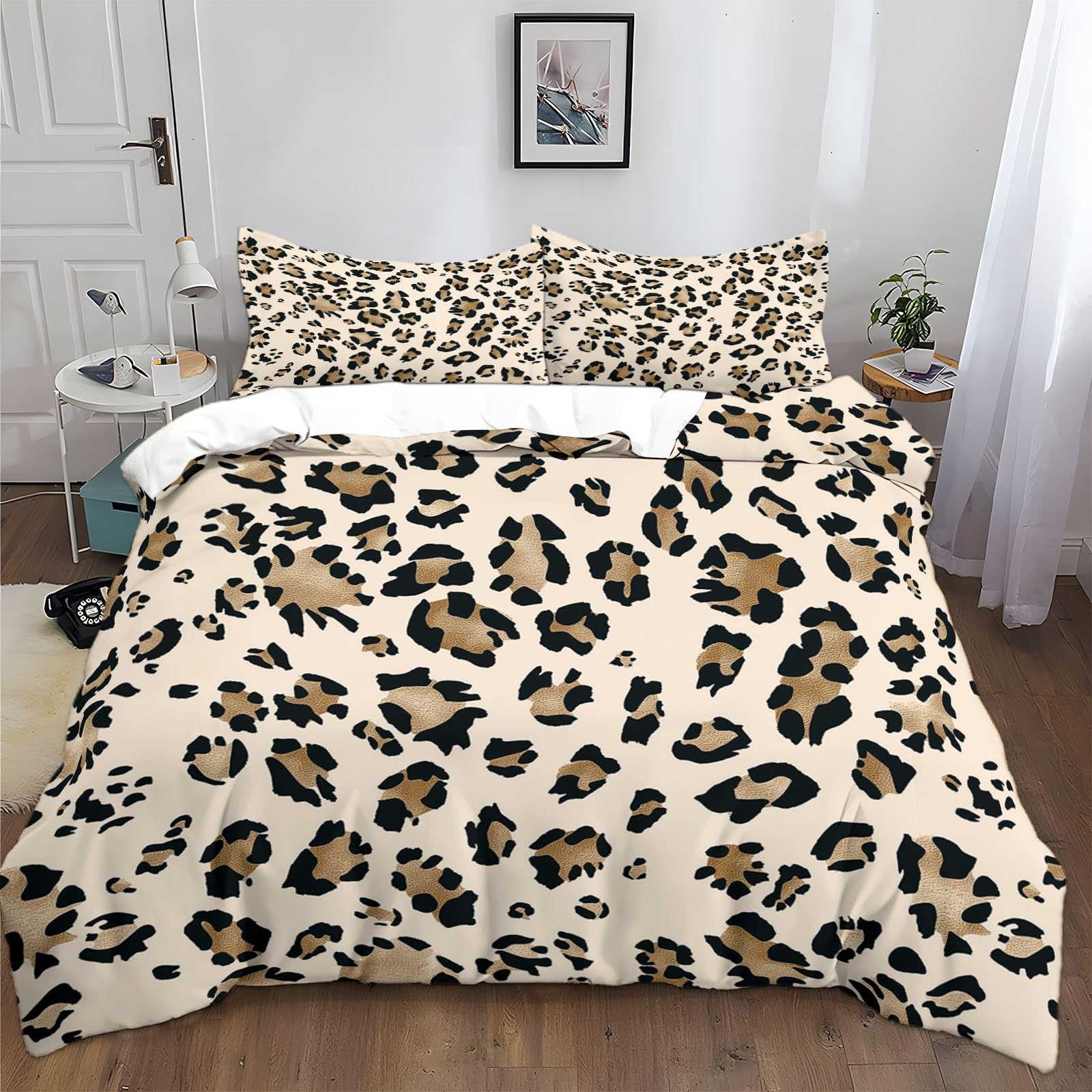 Housse de couette léopard 200x200 beige clair, linge de lit raffiné avec taies 65x65