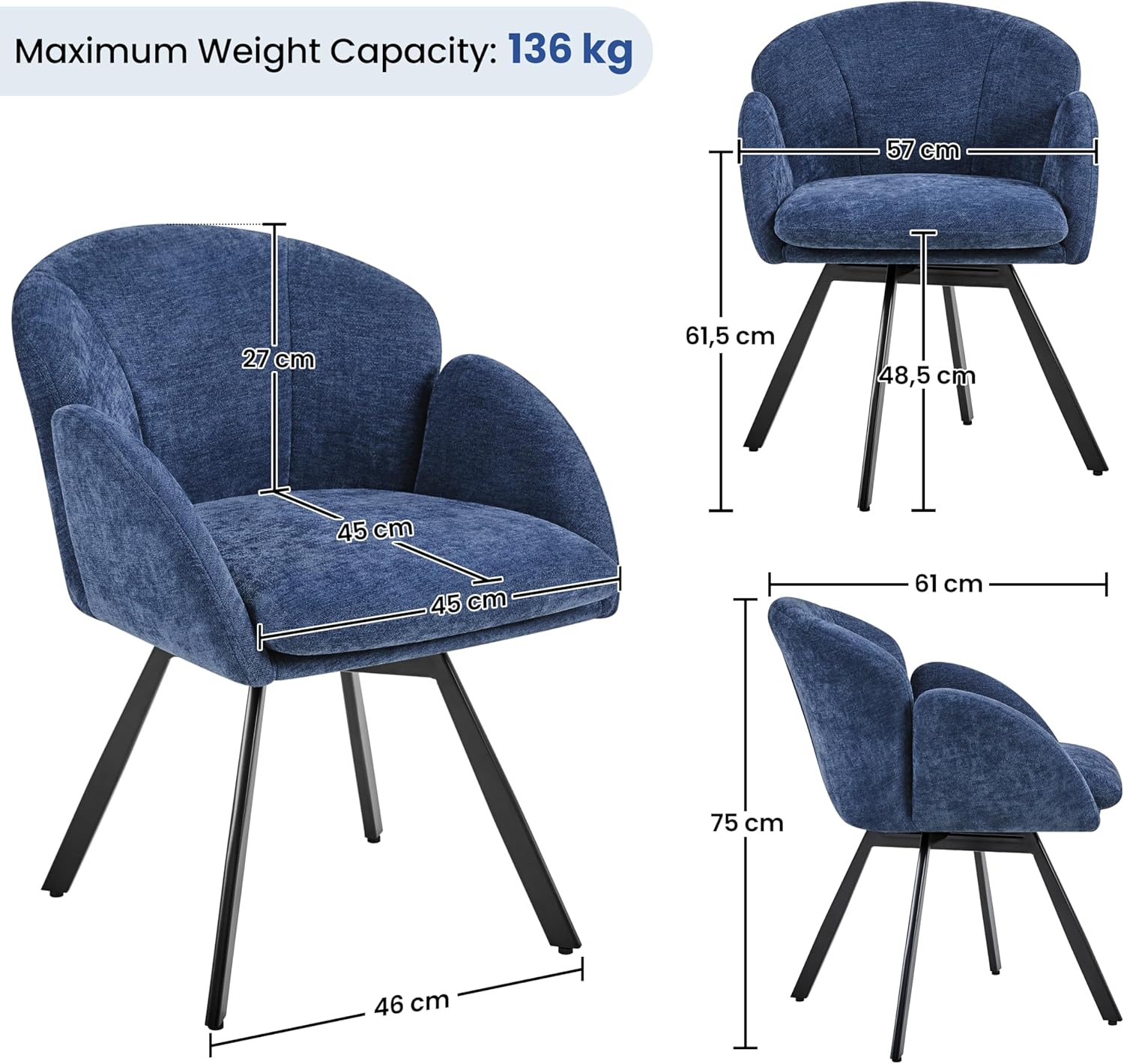 Diagram showing the dimensions of the Yaheetech swivel dining chair and its maximum weight capacity of 136 kg.