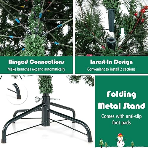 Miniatura 5 de GOFLAME Árbol de Navidad preiluminado de 5 pies, árbol de Navidad artificial con bisagras con agujas de pino, 408 puntas de rama, 200 luces LED y 28