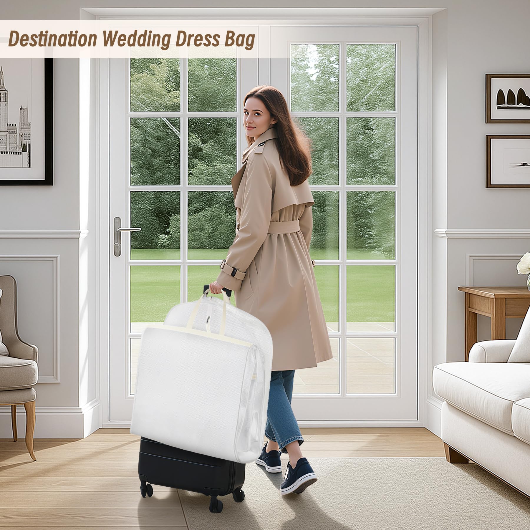 KIMBORA Kleidersack für Hochzeitskleid, 183 cm, mit 38,1 cm Zwickel, Brautkleidertaschen für Kleider, lange Aufbewahrung und Reisen, große Netztaschen, hängende Kleiderhülle für Damen, Weiß