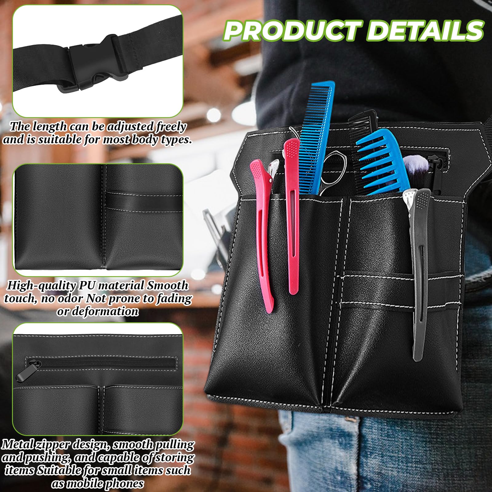 Friseurtasche Schwarz – PU Leder Friseur Gürteltasche mit Gürtel, Professionelle Friseur Werkzeugtasche für Scheren Kämme, Tragbare Scherentasche für Friseure, Große Friseur Tasche Salon Zubehör - 3