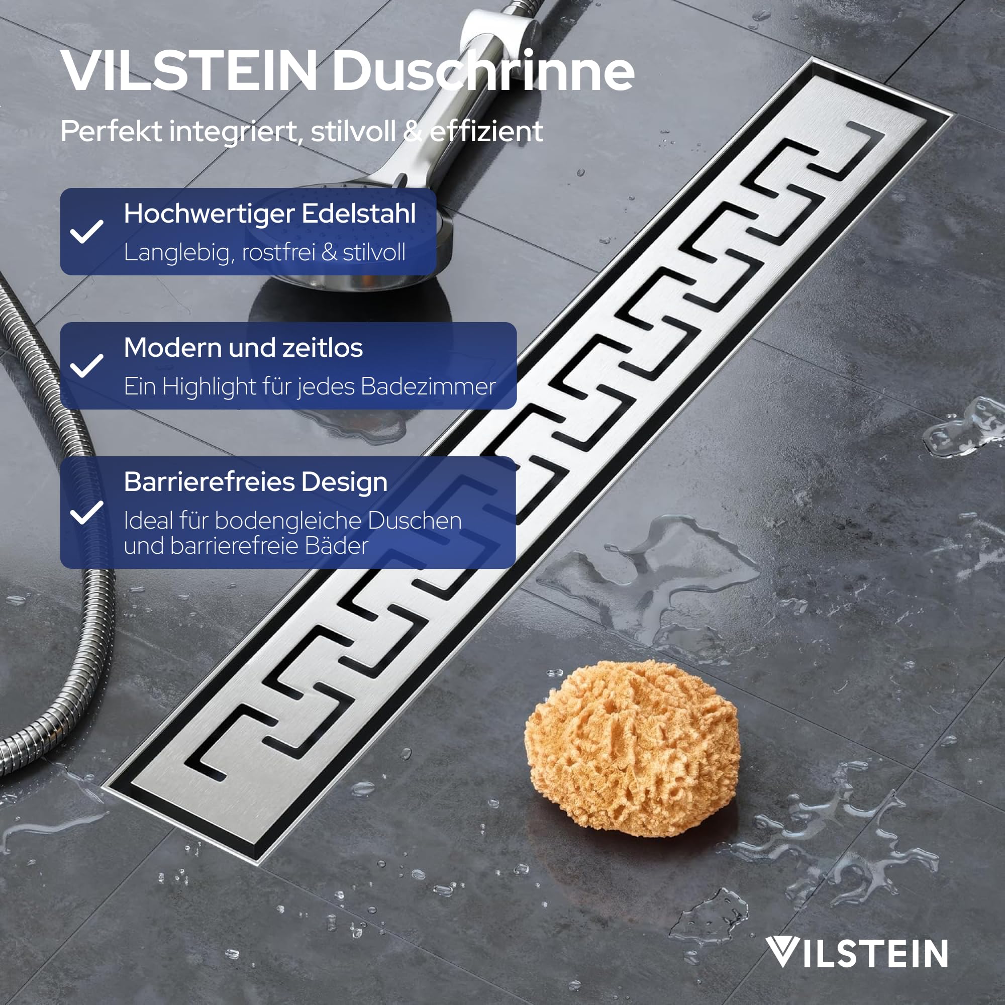 VILSTEIN Duschrinne 130cm, Edelstahl Bodenablauf Komplettset, extra flach, Siphon mit Geruchsstop, Haarsieb - Griechisch