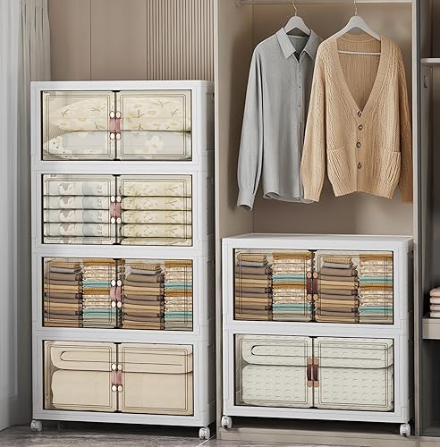 Miniatura 21 de Contenedores de almacenamiento extra grandes apilables con tapas y ruedas y puerta, 448QT-112QT/28GAL*4Pack Organizadores de armario plegables y