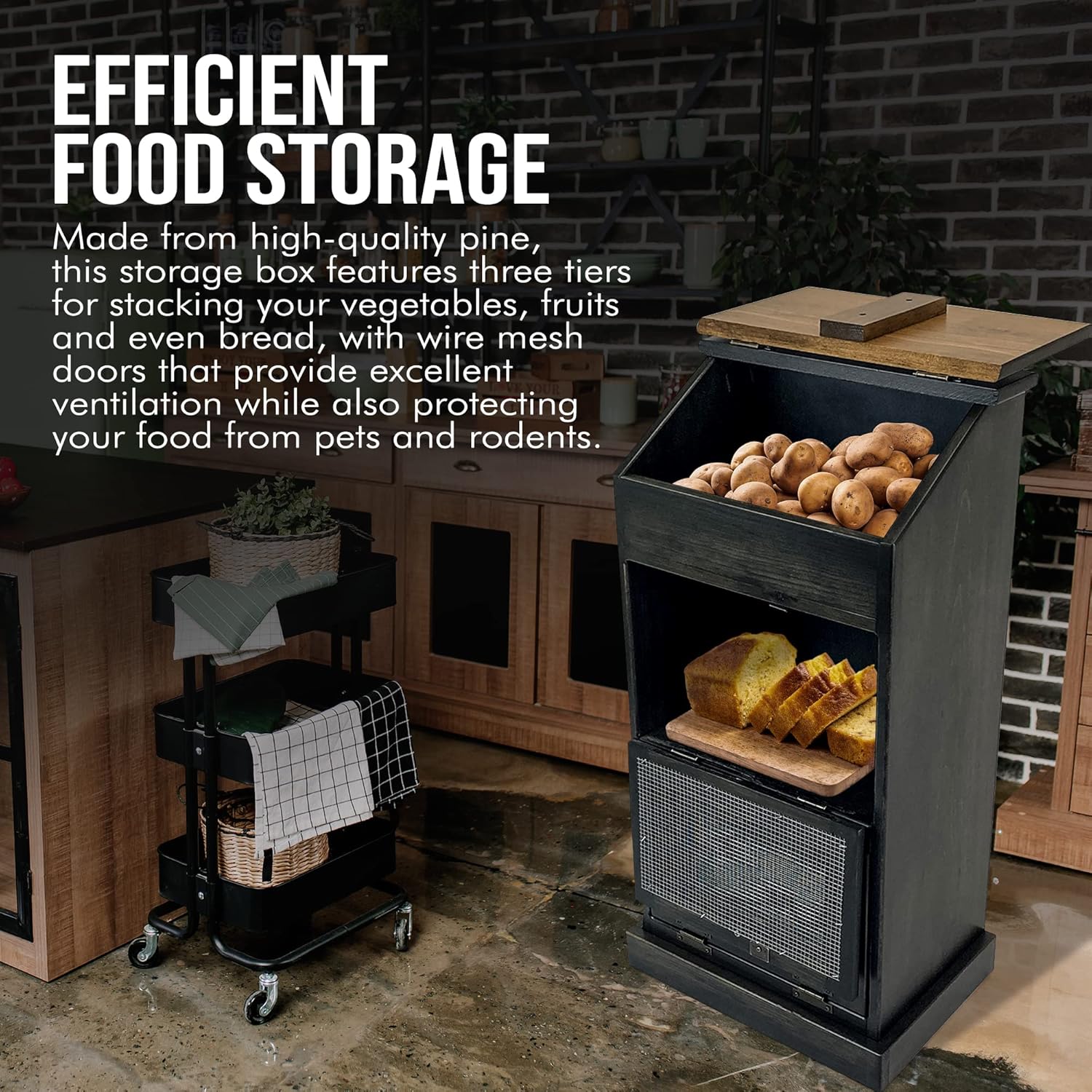 Peaceful Classics Wooden Bread Bin, Decorative Onion Storage Bin, Wooden Vegetable Bin w/Lid for Kitchen Pantry, Mocha