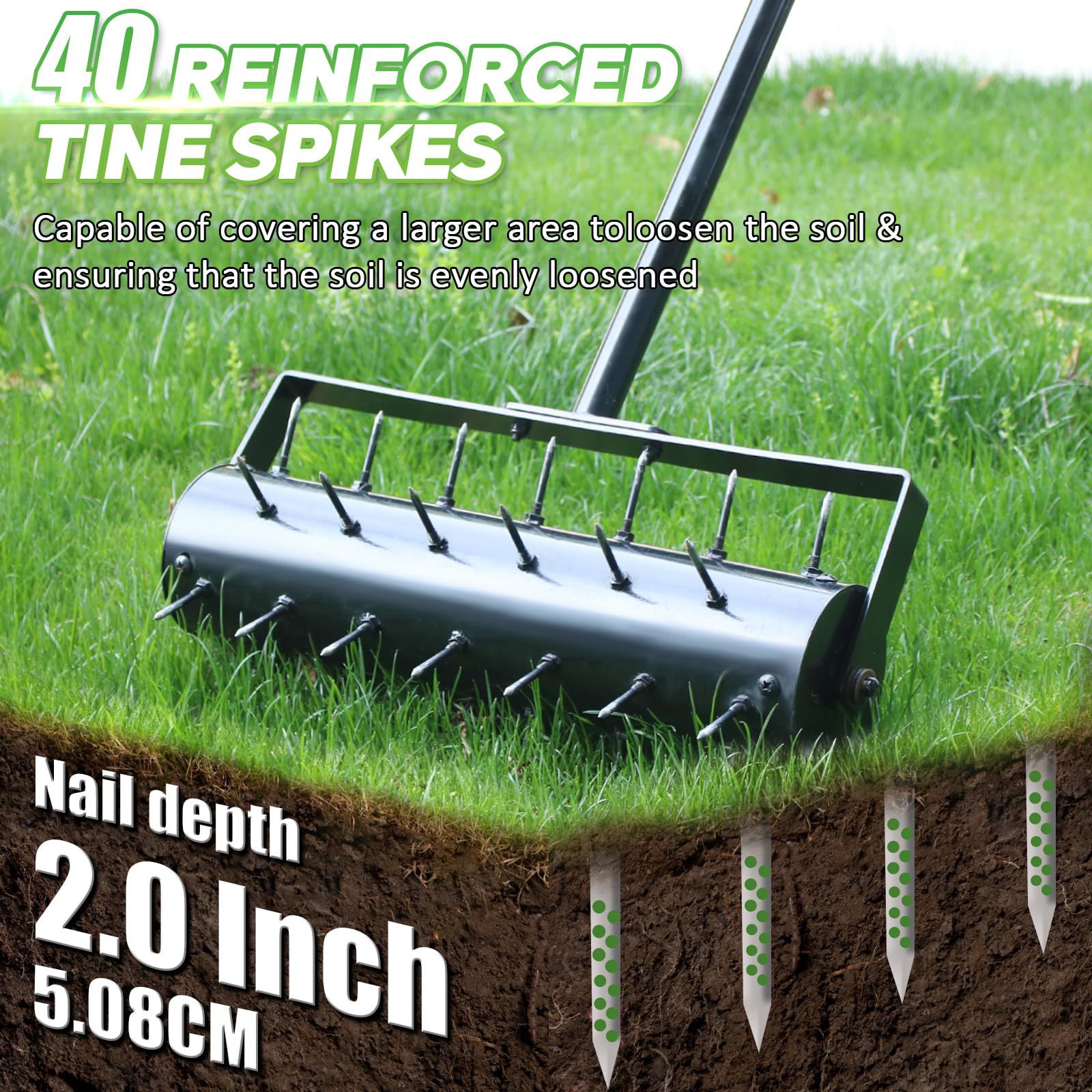Rollender Rasenbelüfter mit 42 verstärkten Stahlspikes, robustes manuelles Rasen- und Hofbelüfterwerkzeug, vormontierter Push-Grasbelüfter mit verstellbarem Griff für Gartenerde