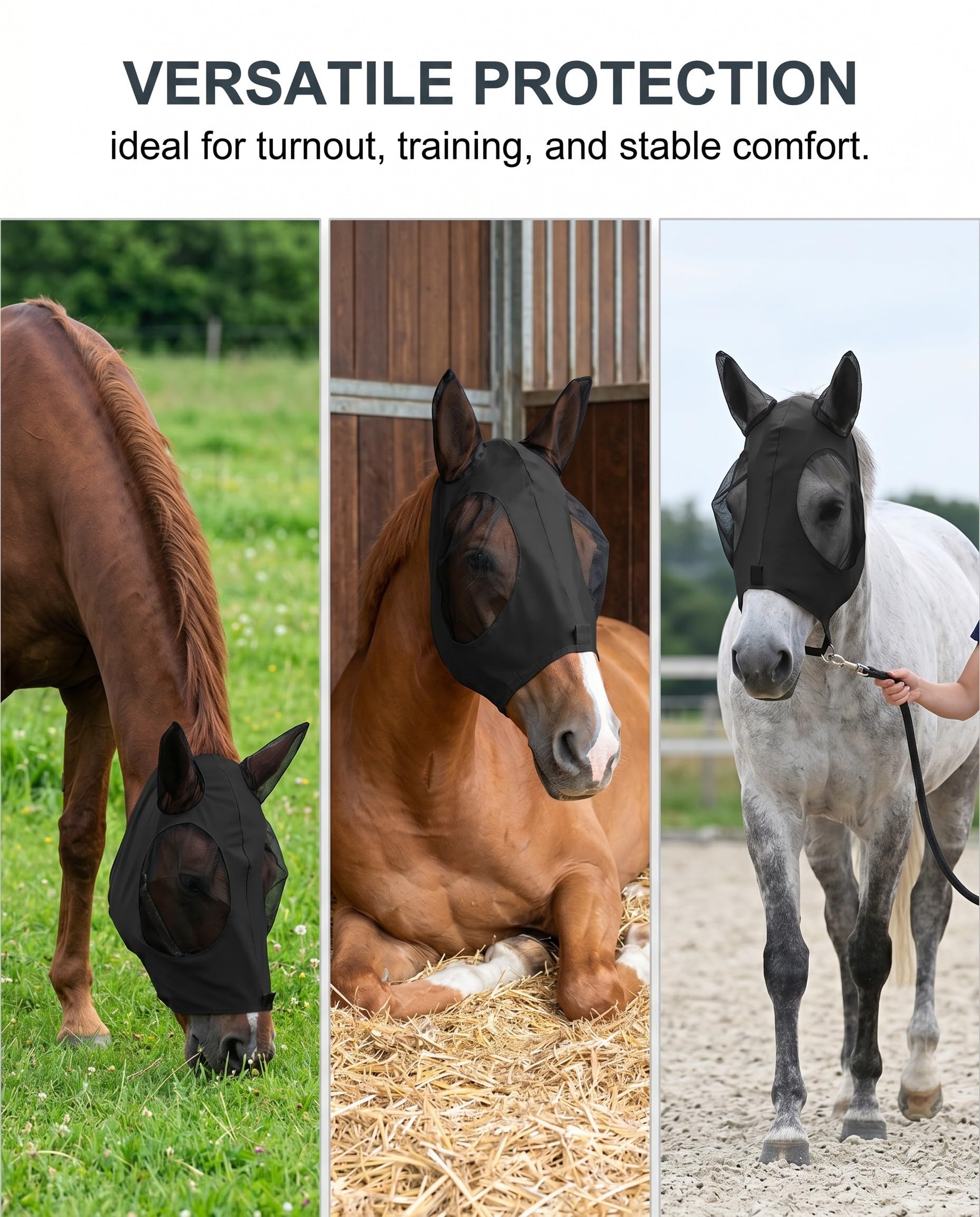 1pz Maschera Cavallo Nera, Protezione Mosche e UV Traspirante, Anti-Insetti, con design ergonomico per comfort e benessere equino