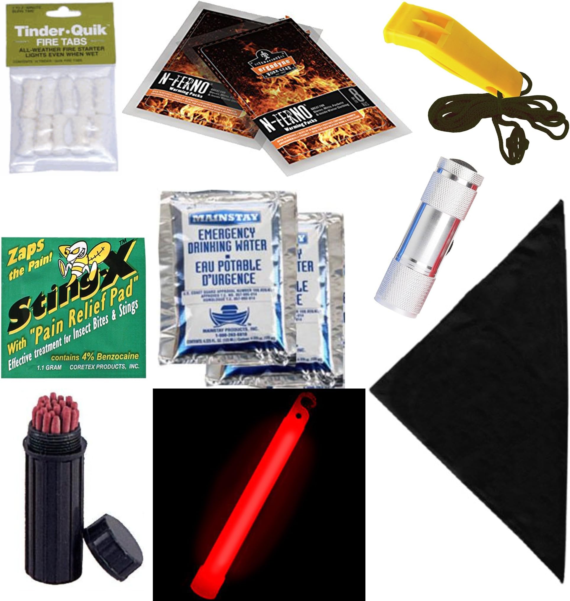 Survival Camping Kit Flashlight Hand Warming Packs, whistle, water, fire starter, sting relief, glow stick, bandana, match case emergency H20