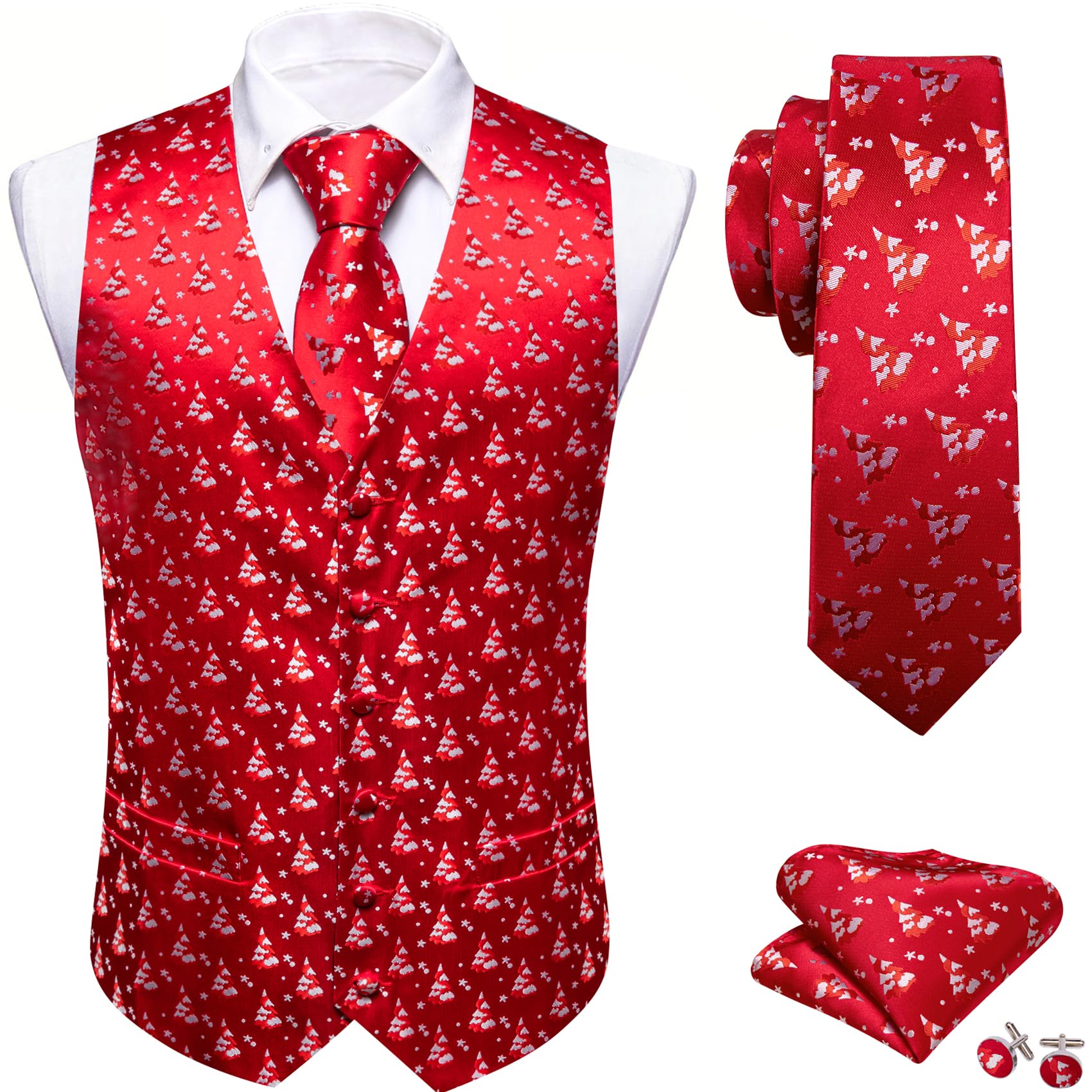 Barry.Wang Mens Red/Green Christmas Suit Vest Holiday Xmas Waistcoat Tie Set Party Tuxedo