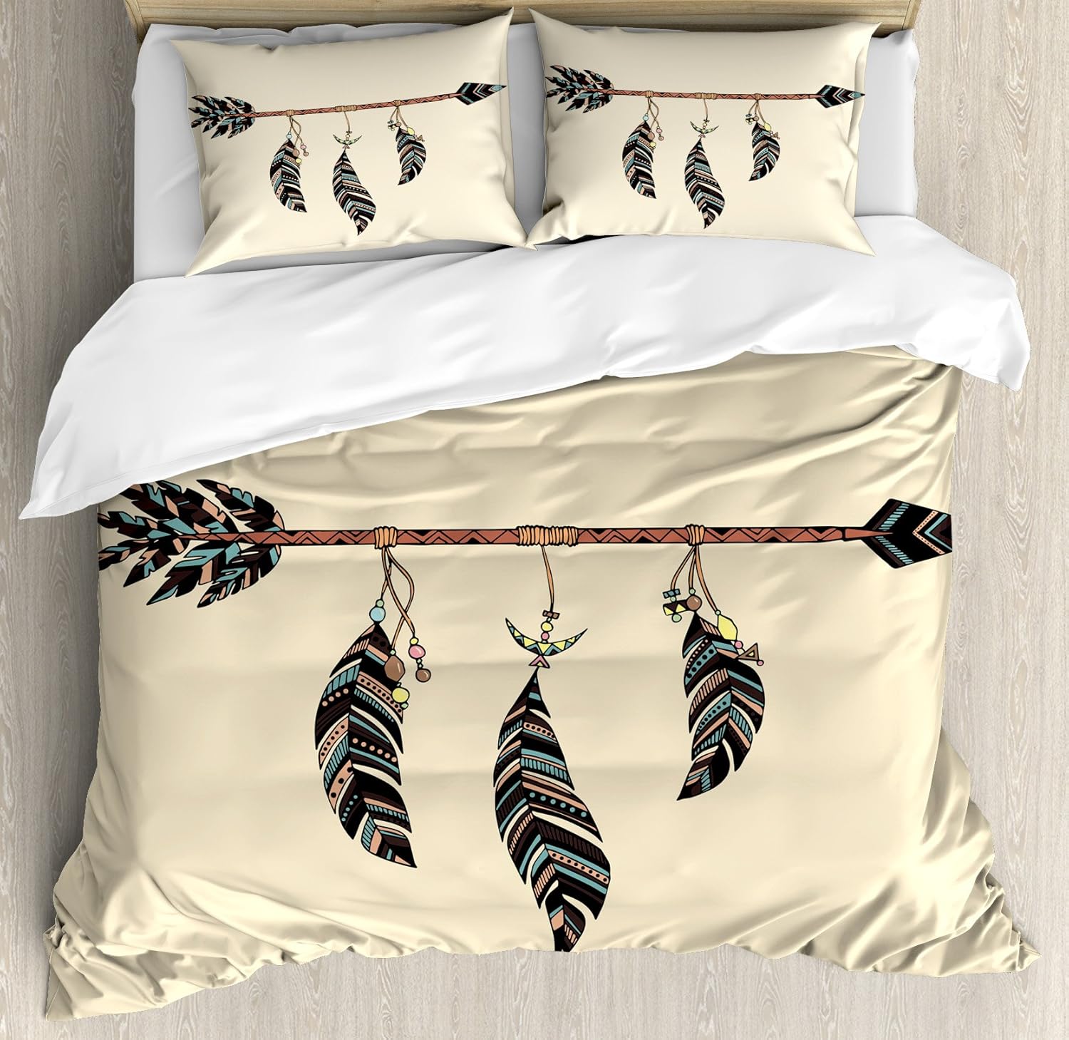 Ambesonne Arrows Duvet Cover Set, Arrow in Ethnical Pattern with Feathers Native Tribal Design Print, Decorative 3 Piece Bedding Set with 2 Pillow Shams, King Size, Black Beige