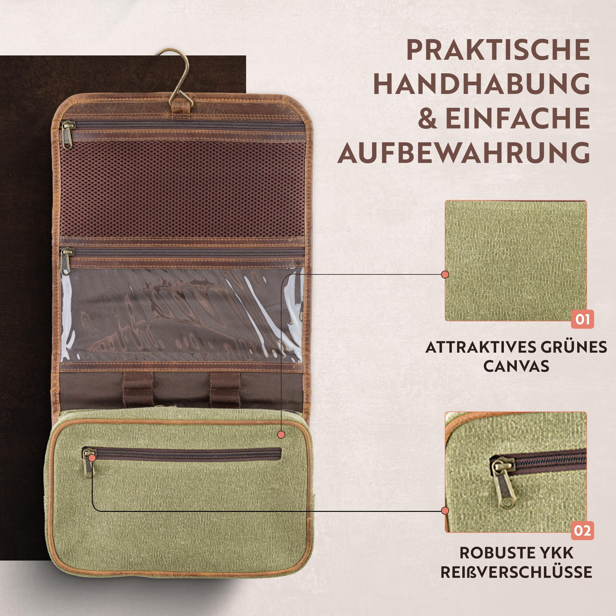 Moonster Kulturtasche Damen & Herren - Kosmetiktasche aus Echtem Büffelleder - Faltbarer Kulturbeutel Herren zum aufhängen - Tabaktasche mit Mehreren Taschen, Messinghaken & YKK-Reißverschlüsse