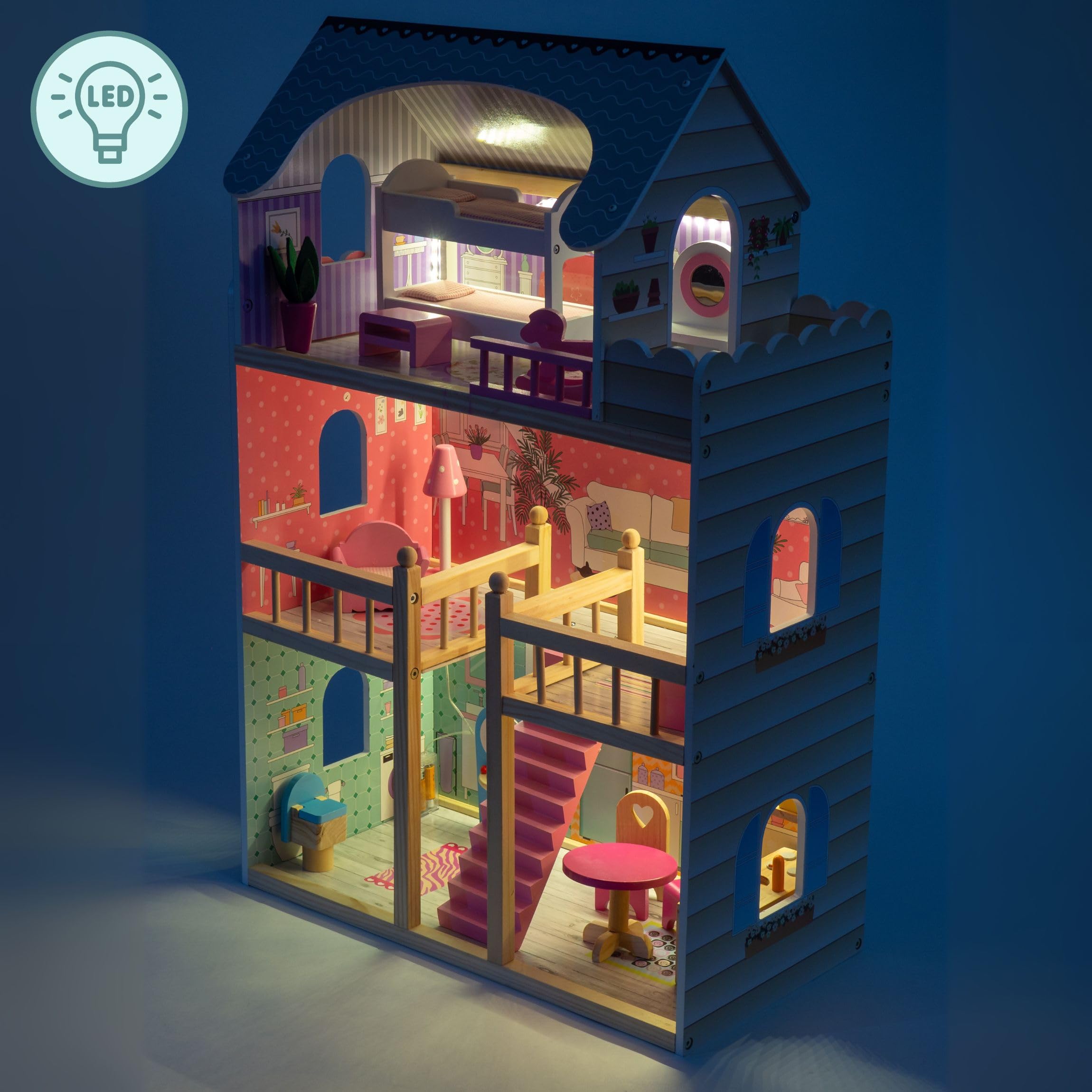 mamabrum Casa delle Bambole in Legno XXL – 3 Piani con LED e Mobili Inclusi – Casa Bambole 90x60x30 cm – Design Pastello Sicuro ed Educativo – Giocattolo per Bambine dai 3 Anni