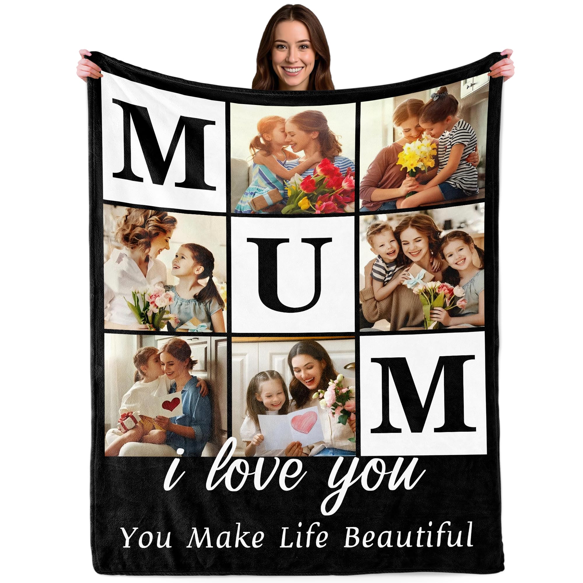 Personalised Blanket with Photo Text, Customised Picture Blanket for Adult Family, Custom Blanekt, Personalised Christmas Valentines Mothers Day Birthday Gifts for Mum Mommy Mother from Daughter Son