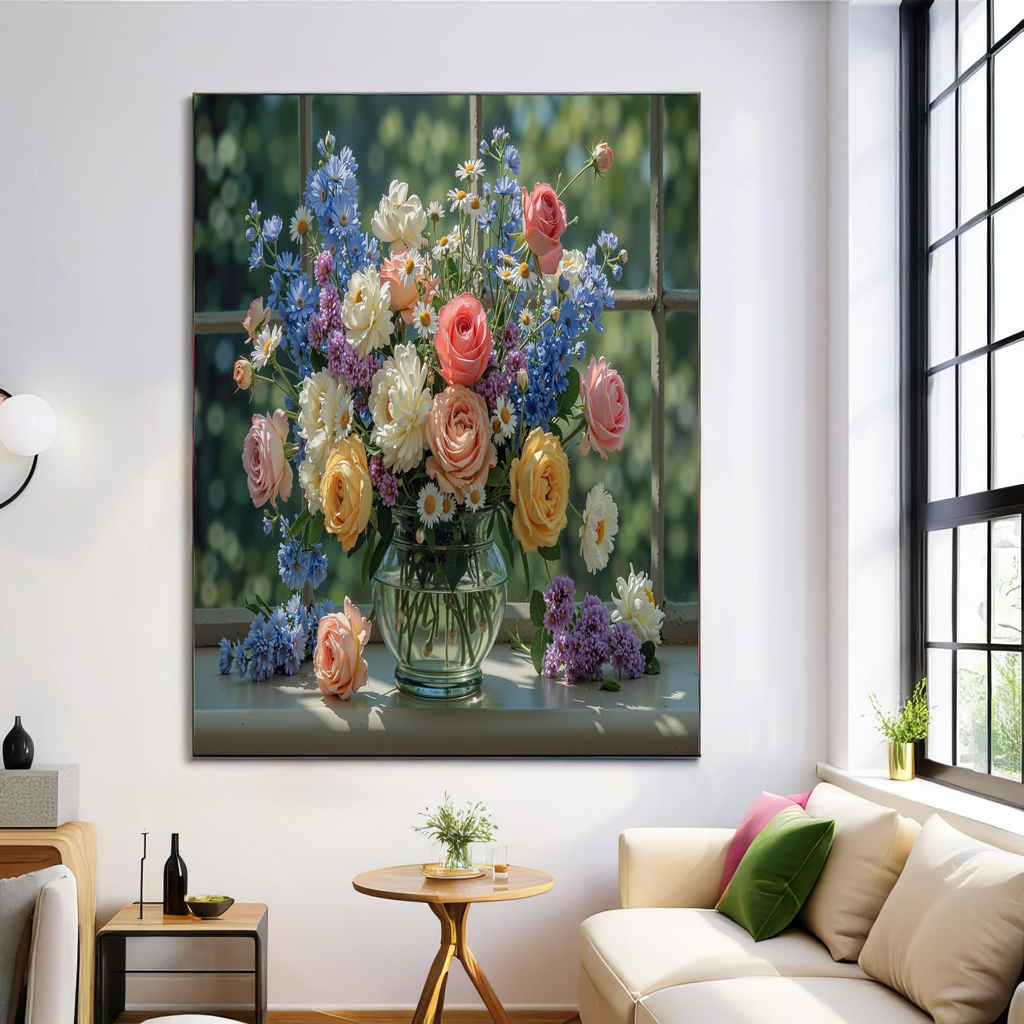 Mural de ramo de primavera de 80x120cm en lienzo verde oscuro sin marco 8