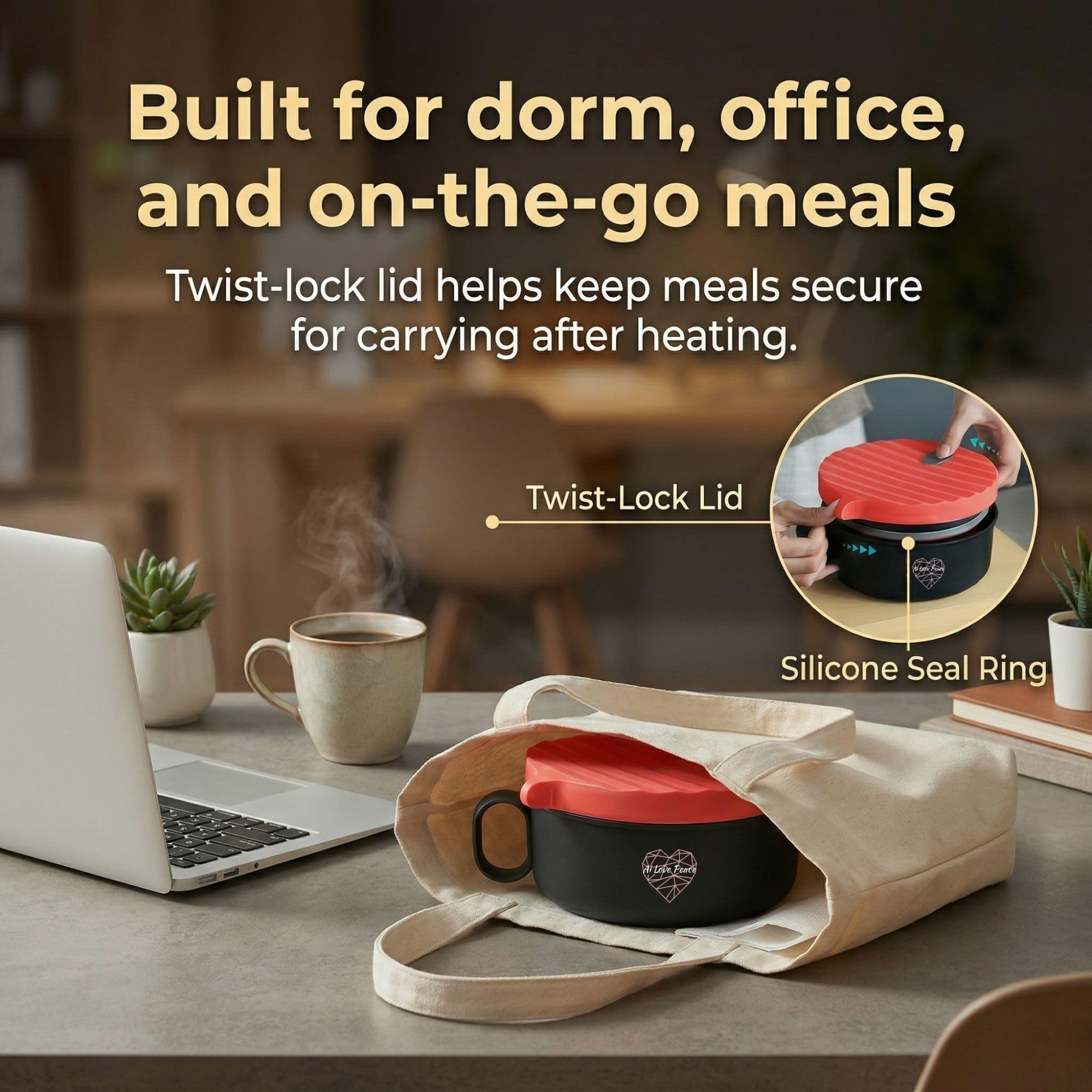 AI LOVE PEACE Microwaveable Ramen Noodle Bowl Cooker 40oz for Ramen, Rice, Pho, Soup, and Pasta, Dishwasher Safe and Portable, Ideal for Home, Office, Dorm, or Gift (Red)